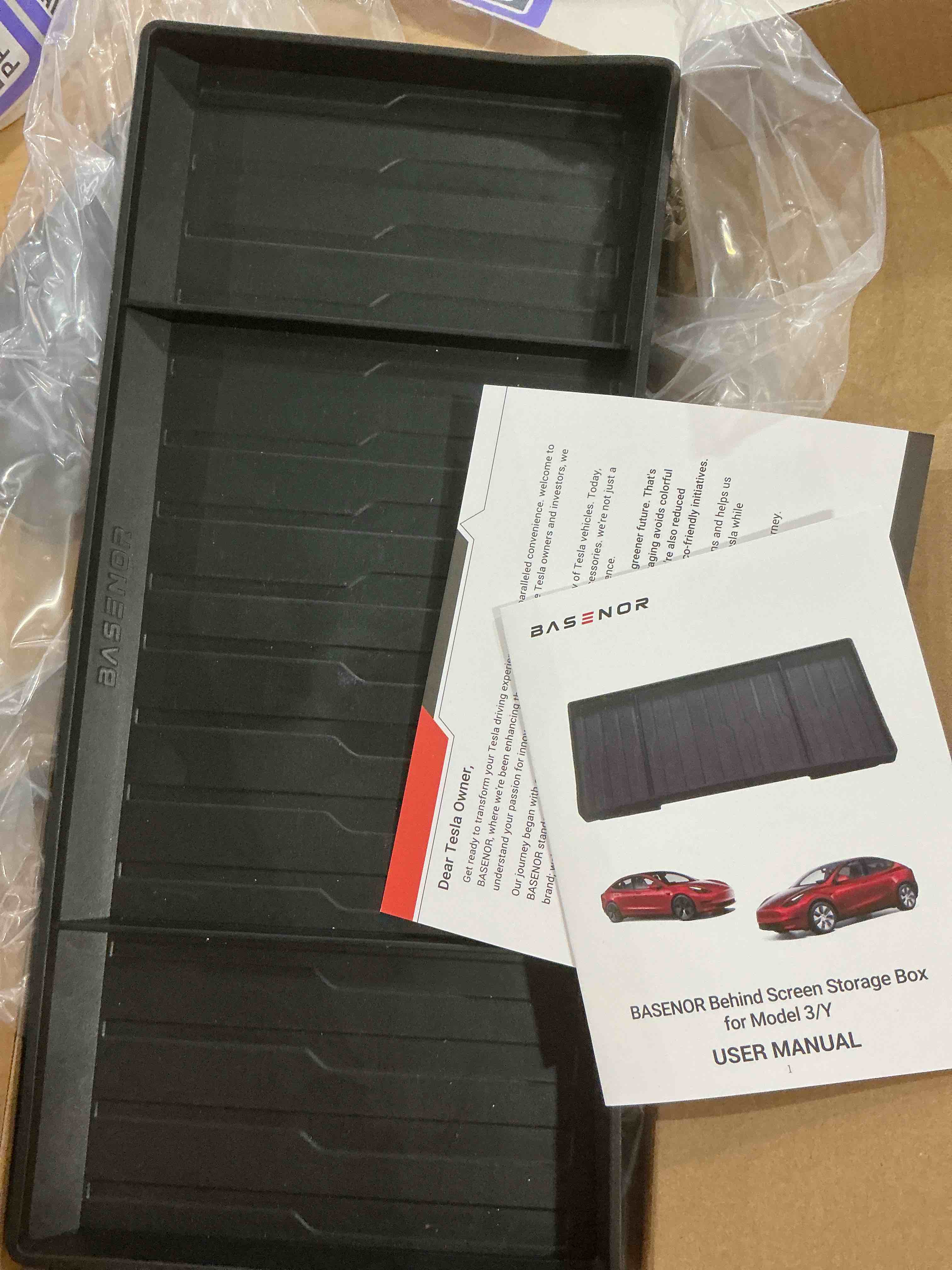Condition photo showing New/Like New for basenor tesla model y model 3 dashboards behind screen storage box, (proprietary design) center console hidden organizer tray sunglasses holder for 2017-2023 model 3 2020-2024 model y model 3/y (2017-2024) behind screen