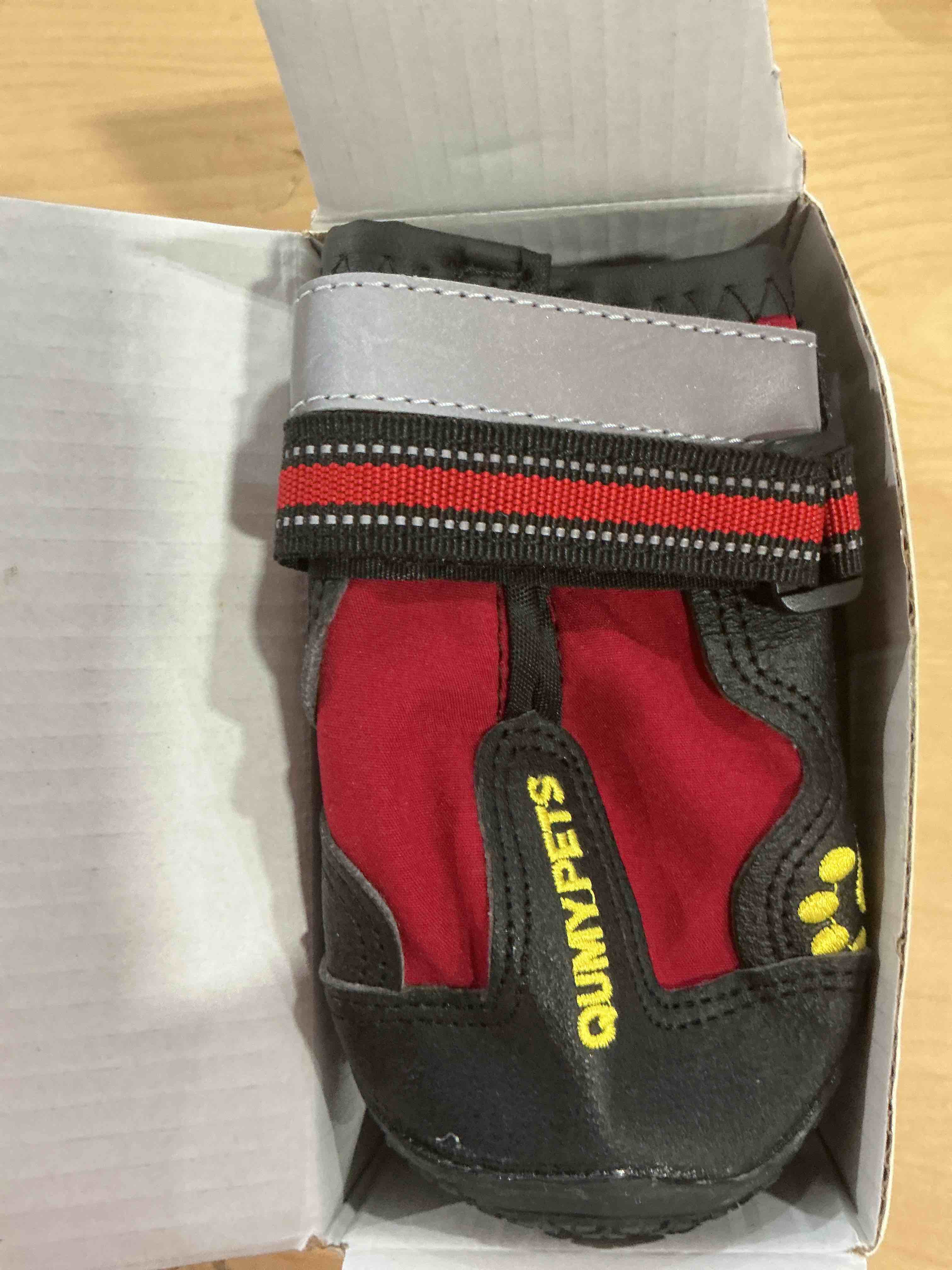 Condition photo showing New/Like New for QUMY Dog Shoes for Large Dogs, Medium Dog Boots & Paw Protectors for Winter Snowy Day, Summer Hot Pavement, Water-Resistant in Rainy Weather, Outdoor Walking, Indoor Hardfloors Skid-Resistant Sole Red Size 5: 2.4''x2.8''(W*L) (Pack of 4)