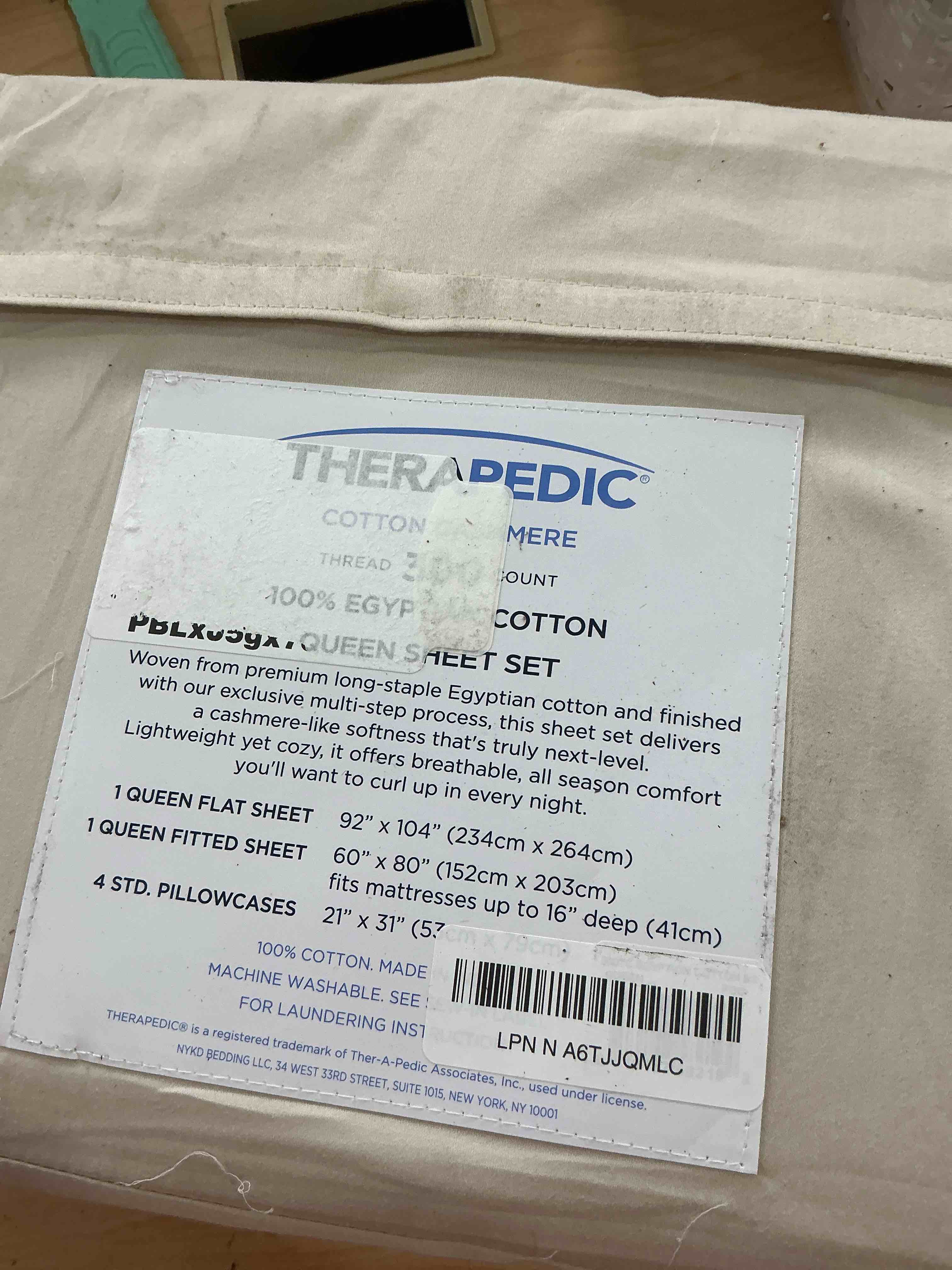 Condition photo showing Good Condition for Therapedic 100% Egyptian Cotton Queen 6-Piece Sheet Set – Naturally Cooling & Breathable Sateen, Preshrunk Garment Wash, 16" Deep Pocket Fitted Sheet, Bonus Pillowcases, Soft & Durable - Fog 02 : Fog Queen