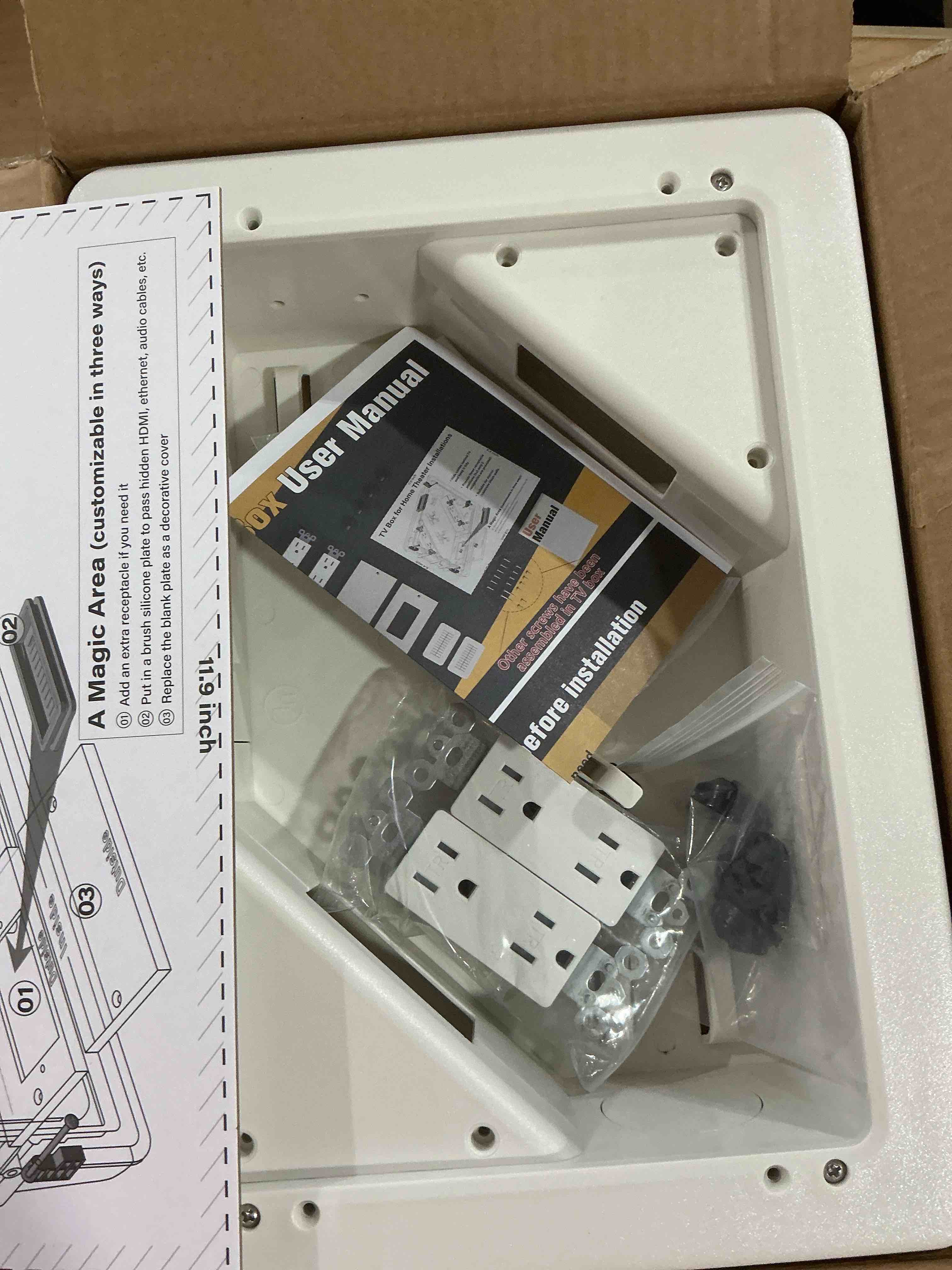Condition photo showing New/Like New for in-Wall TV Box with Flange for Home Theater Installation, 11.9" x 8.4" Cord Hider for Wall Mounted TV, with 2 Outlets, Cable Bracket, LV Cable & 1-1/2" ENT Entrance, Ideal for New or Retrofit Job White 1 Pack