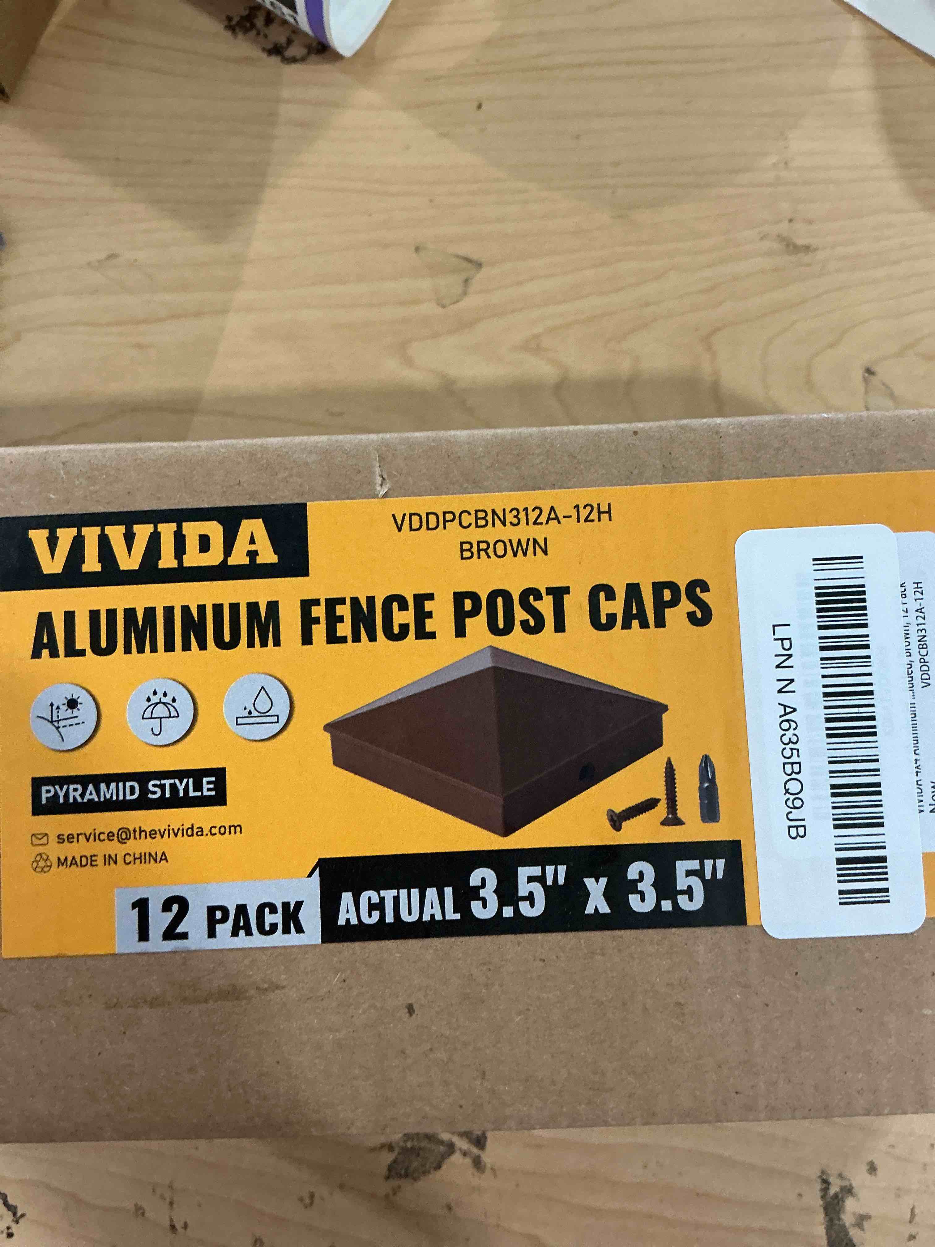 Condition photo showing New/Like New for VIVIDA 4x4 Aluminum Post Caps(Actual 3.5" x 3.5"), Metal Fence Post Caps with Waterproof Matte Powder Coated, for Wooden Fence, Deck, Mailbox, Patio, Screw & Driver Bit Included, Brown, 12 Pack 3.5" x 3.5", 12 Pack Brown