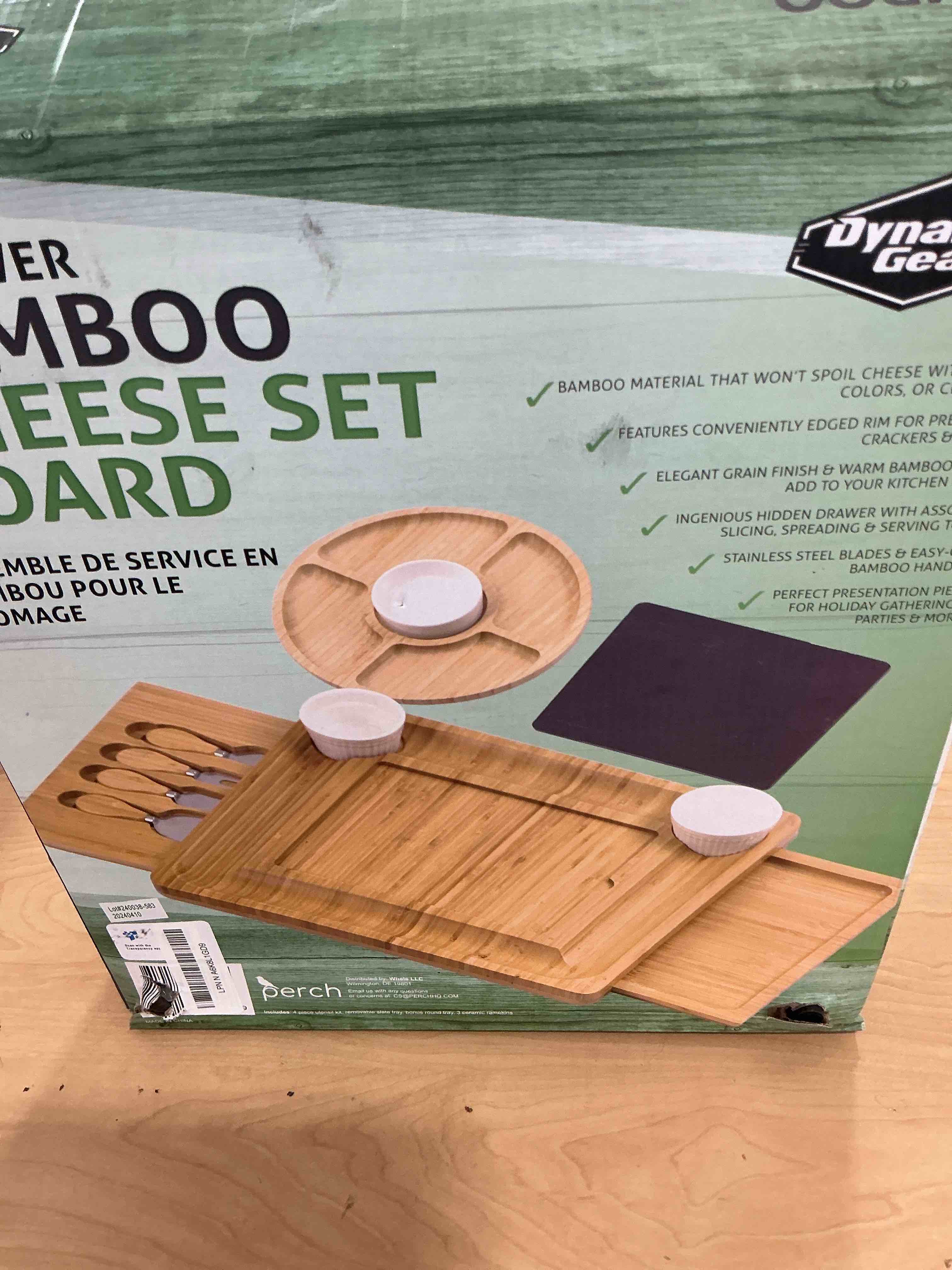 Condition photo showing New/Like New for Charcuterie Board Gift Set, Expandable Bamboo Cheese Board with Stainless Steel Serving Utensils, Ceramic Bowls, Appetizer and Serving Trays, Utensil Trays - Housewarming 2 Drawers 2-Drawer