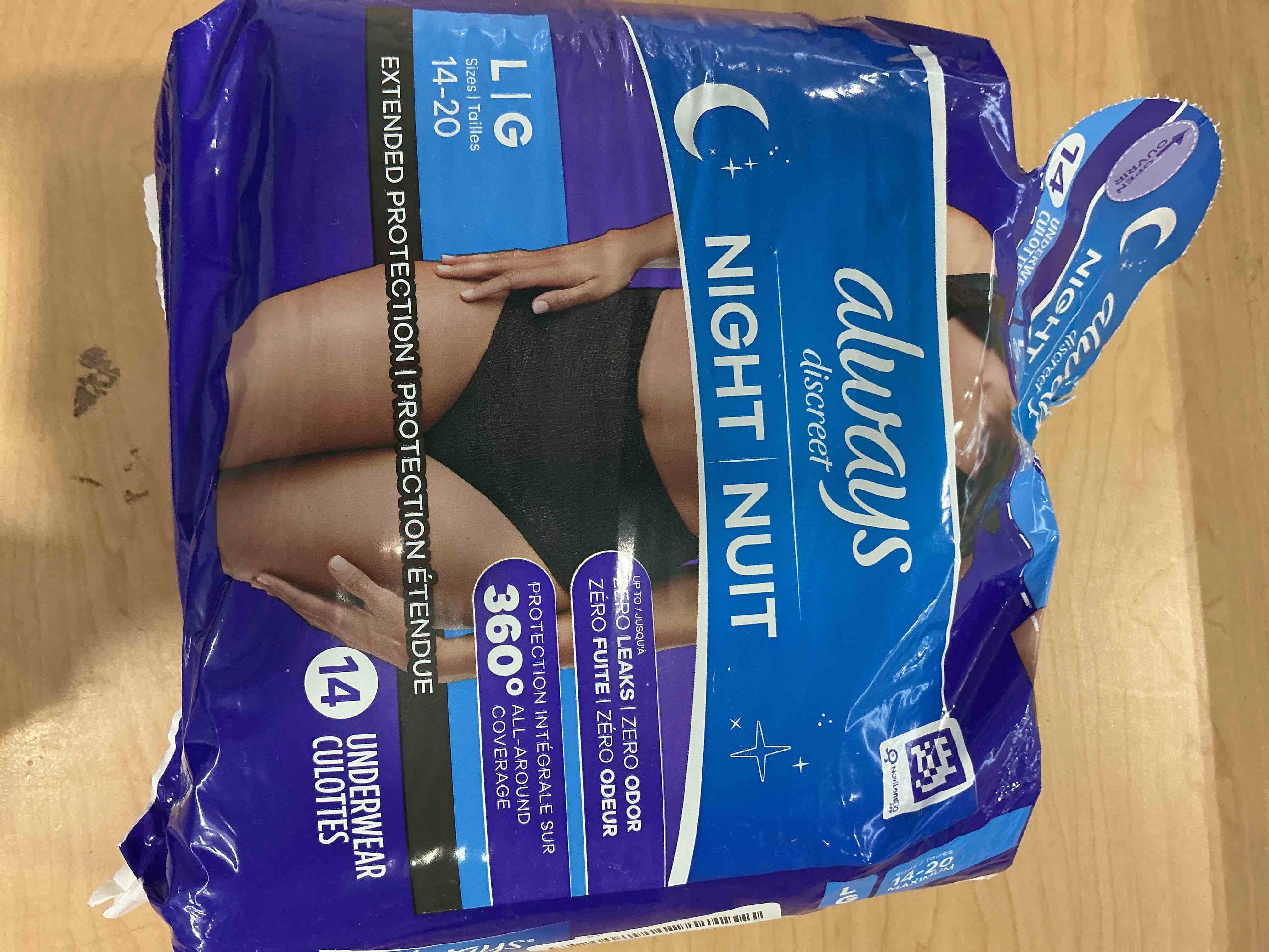 Condition photo showing Good Condition for Always Discreet Adult Incontinence Overnight Underwear for Women, Large, Up to 100% Bladder Leak Protection, 14 Count Large 14