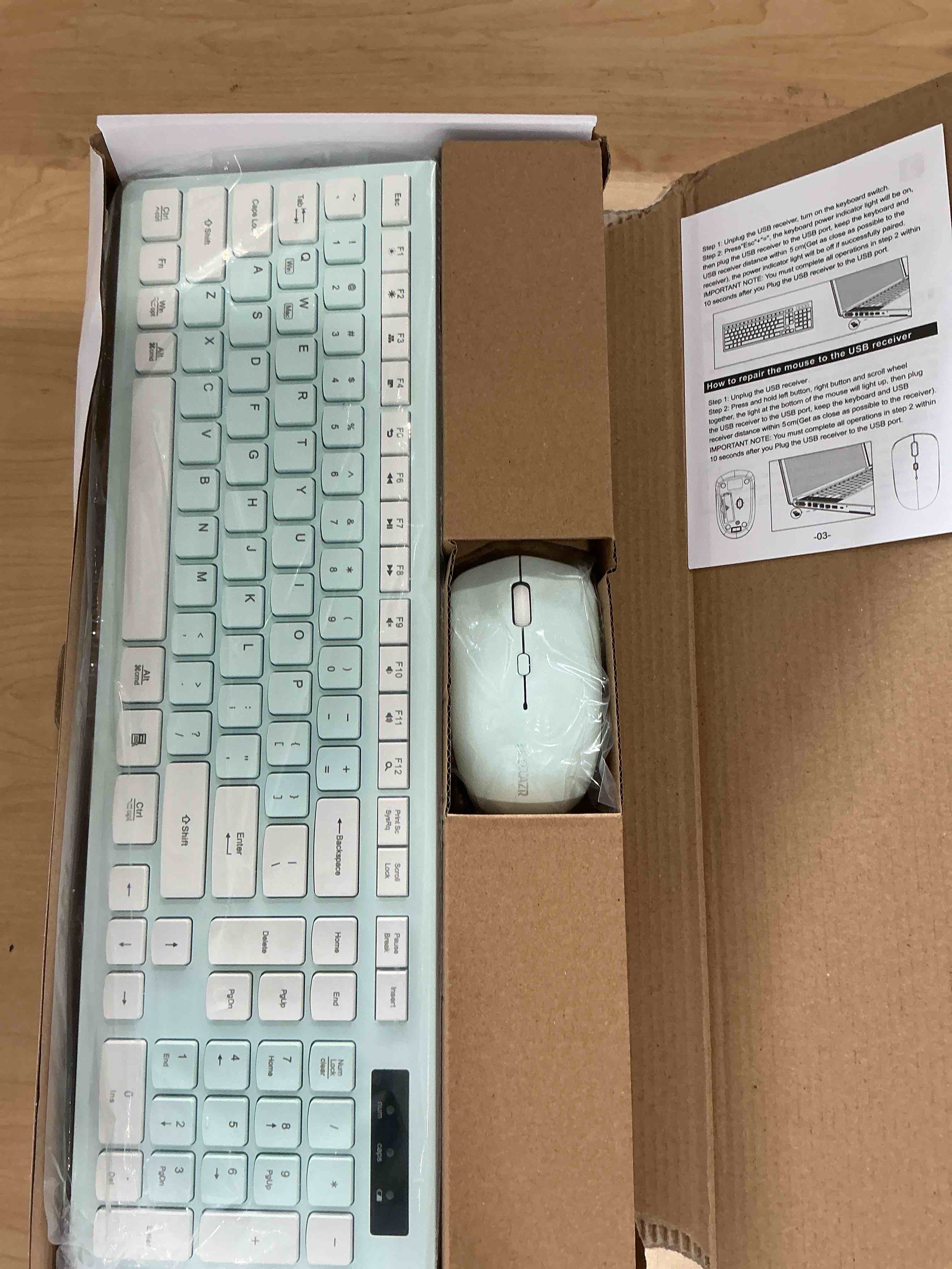 Condition photo showing New/Like New for Wireless Keyboard and Mouse Combo, Full-Sized Wireless Keyboard and Adjustable DPI Mouse, 2.4GHz USB Receiver, Keyboard and Mouse for PC, Windows, Desktop, Laptop (Mint Green and White)