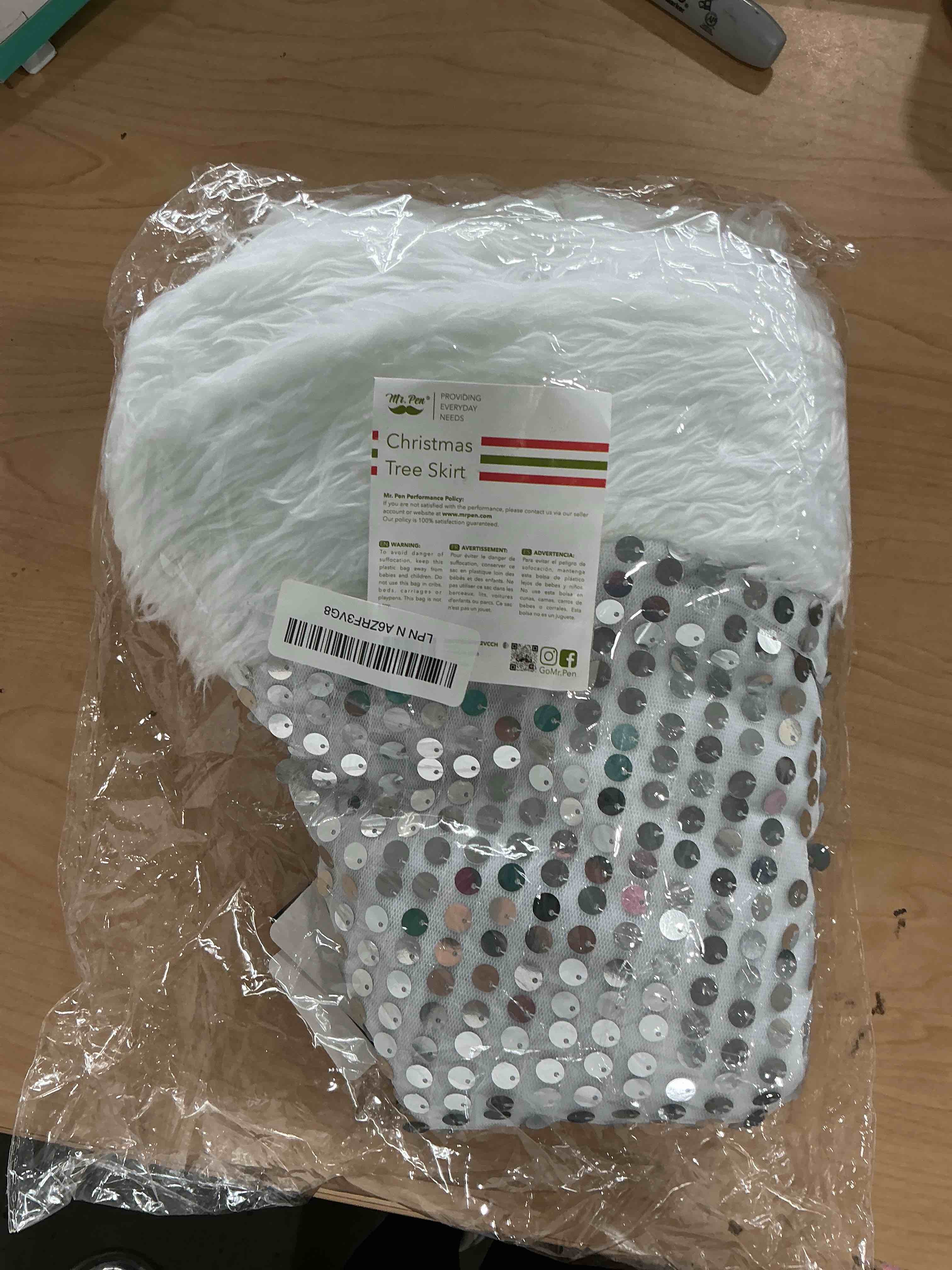 Condition photo showing New/Like New for Mr. Pen- Christmas Tree Skirt 48 inches, Sparkling Silver Sequin with White Faux Fur Christmas Tree Skirts Silver 48"
