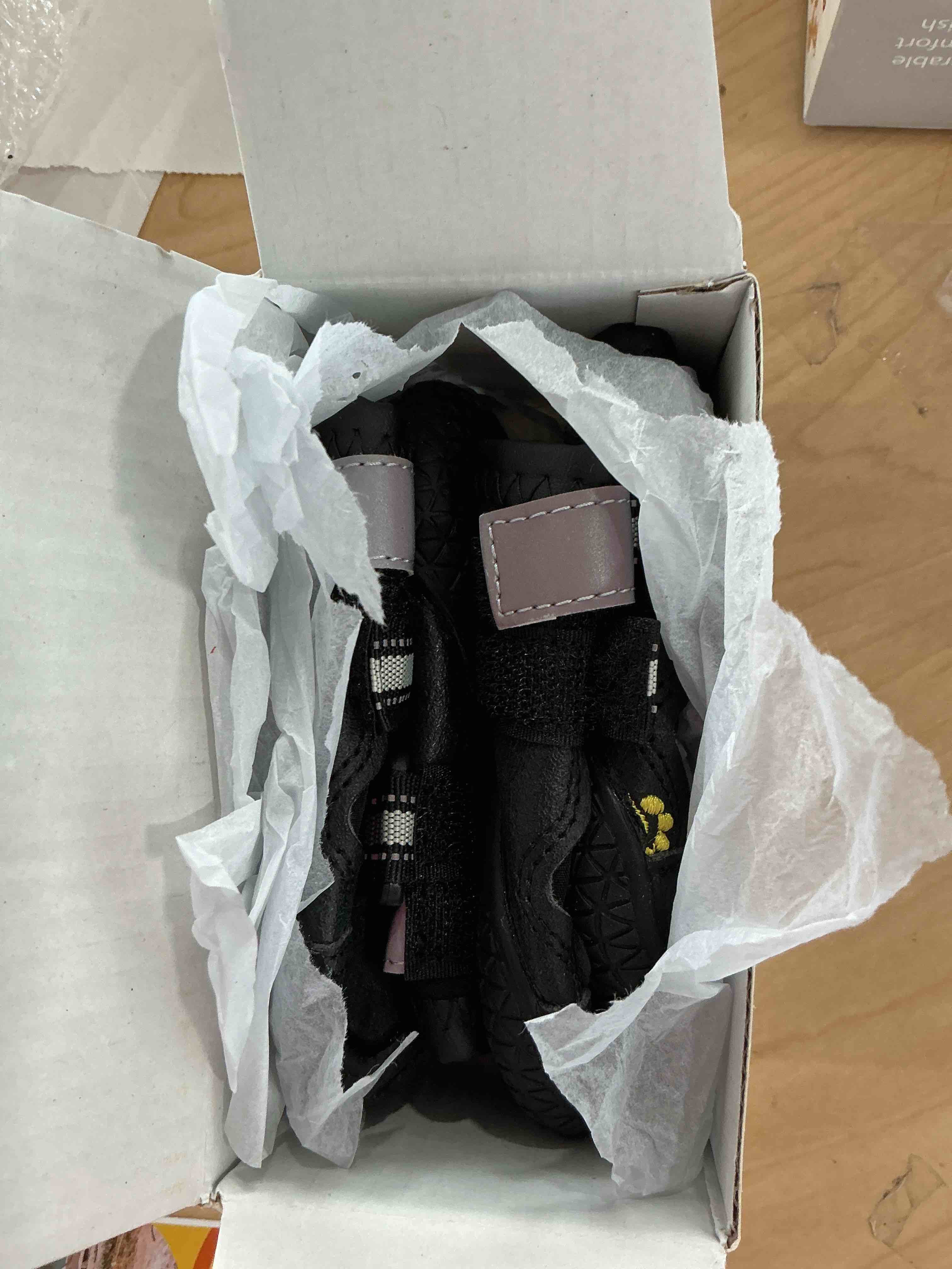 Condition photo showing New/Like New for QUMY Dog Shoes for Large Dogs, Medium Dog Boots & Paw Protectors for Winter Snowy Day, Summer Hot Pavement, Water-Resistant in Rainy Weather, Outdoor Walking, Indoor Hardfloors Skid-Resistant Sole Black Size 1: 1.8''x2.3''(W*L) (Pack of 4)