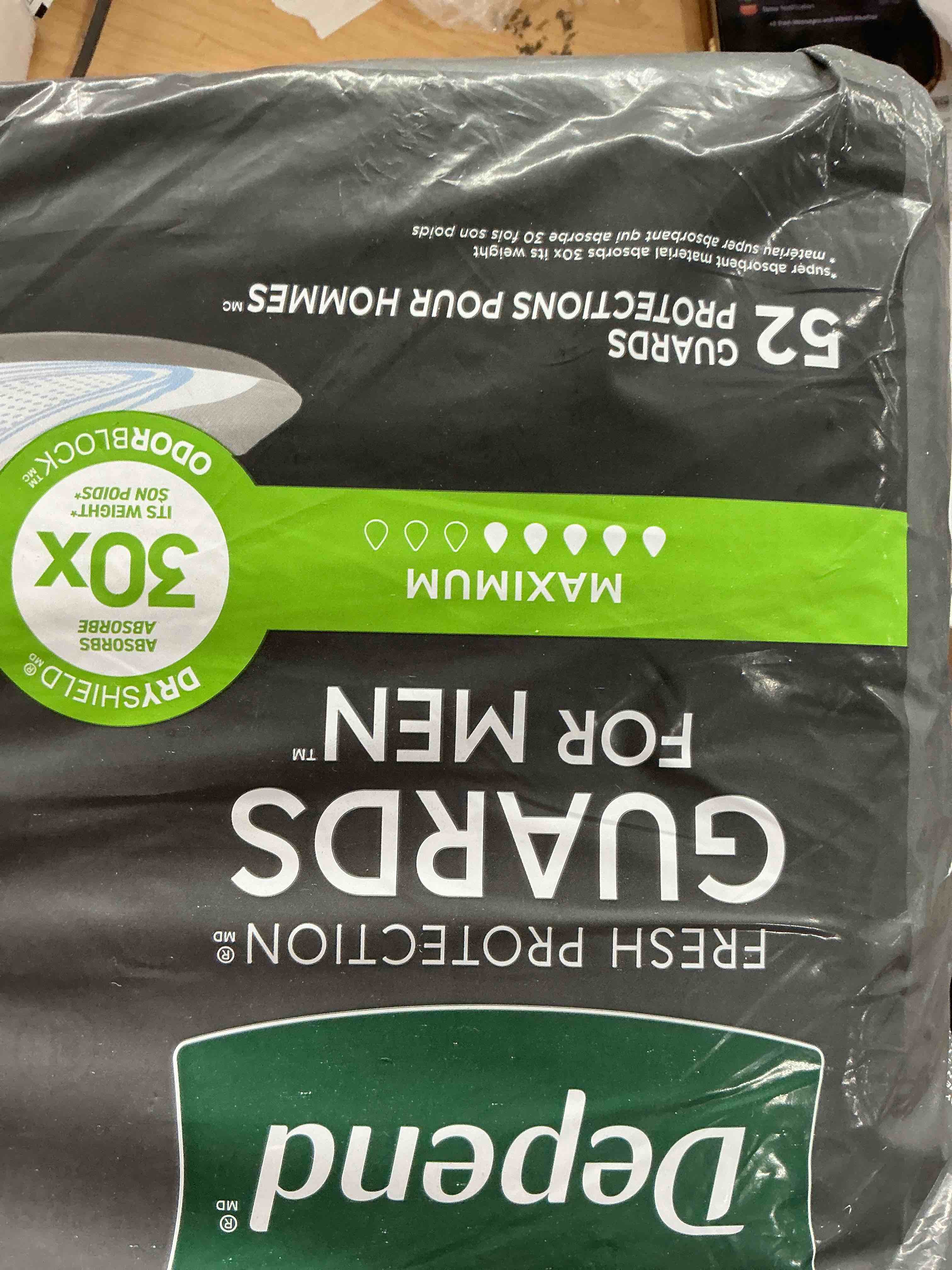 Condition photo showing New/Like New for Depend Guards Incontinence Pads for Men, Maximum Absorbency, 52 Count, Packaging May Vary