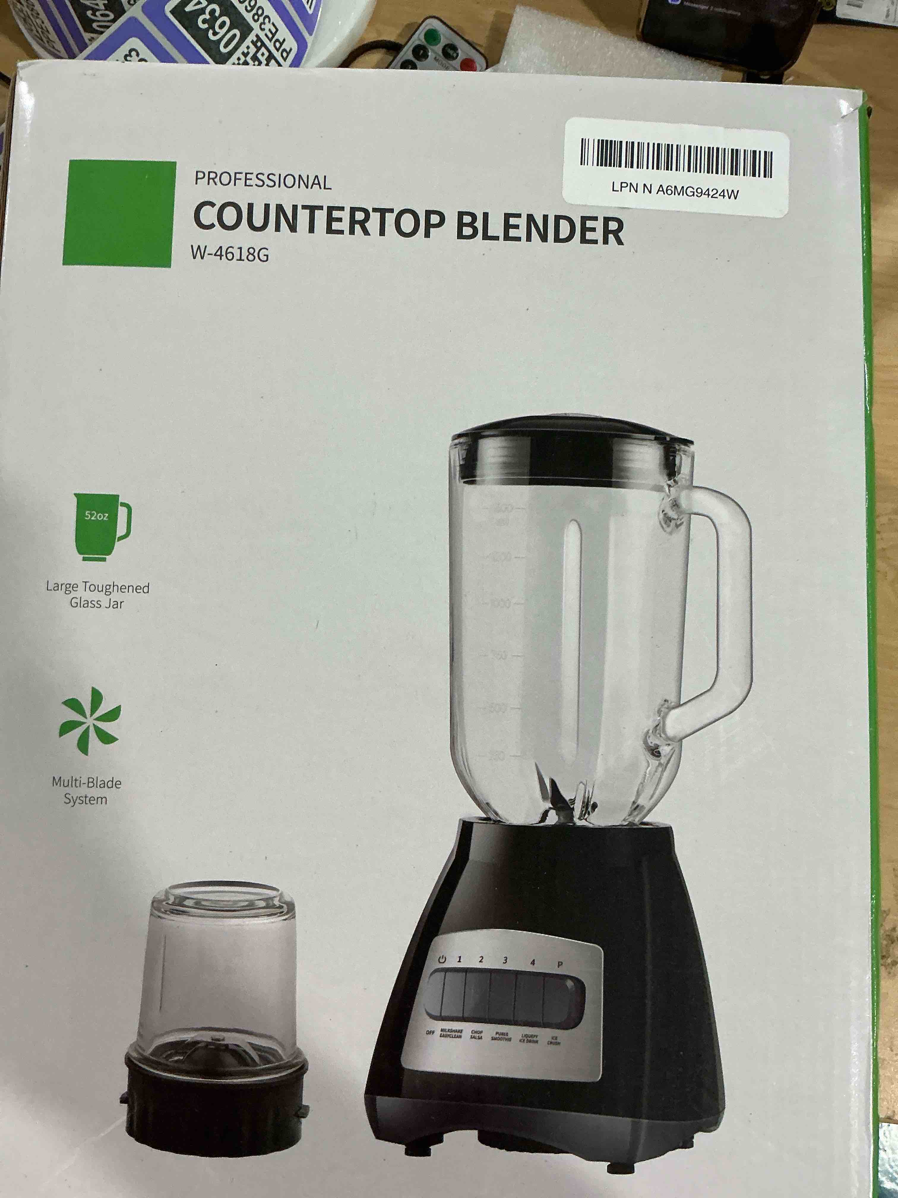 Condition photo showing New/Like New for GDOR Blender, 52 Oz Glass Jar, Multi-Function Kitchen Blender & Grinder Combo, 9 Functions with Shakes, Puree, Crush Ice, and Chop, Max 700W, Self Cleaning