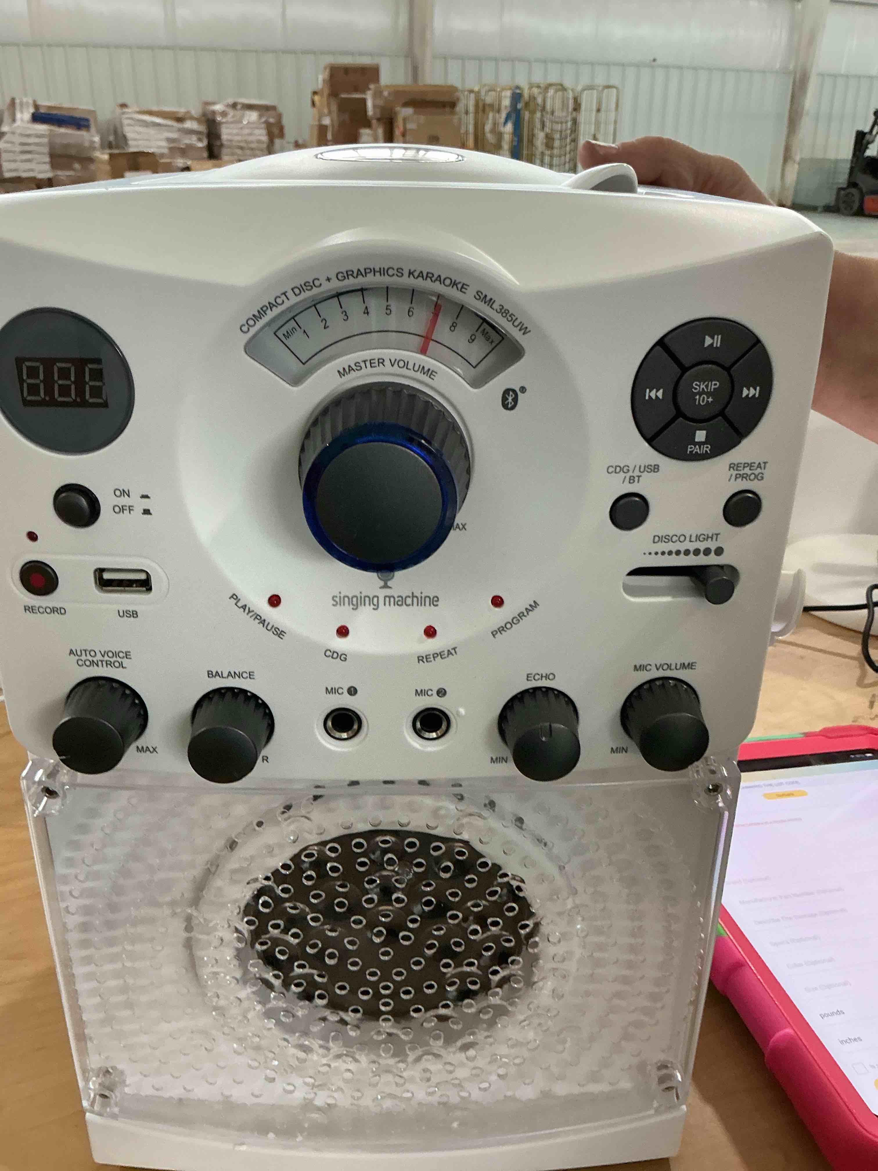 Condition photo showing Good Condition for Singing Machine Portable Karaoke Machine for Adults & Kids with Wired Microphone, White - Built-In Speaker, Bluetooth with LED Disco Lights - Karaoke System with CD+G Player & USB Connectivity White Home Karaoke