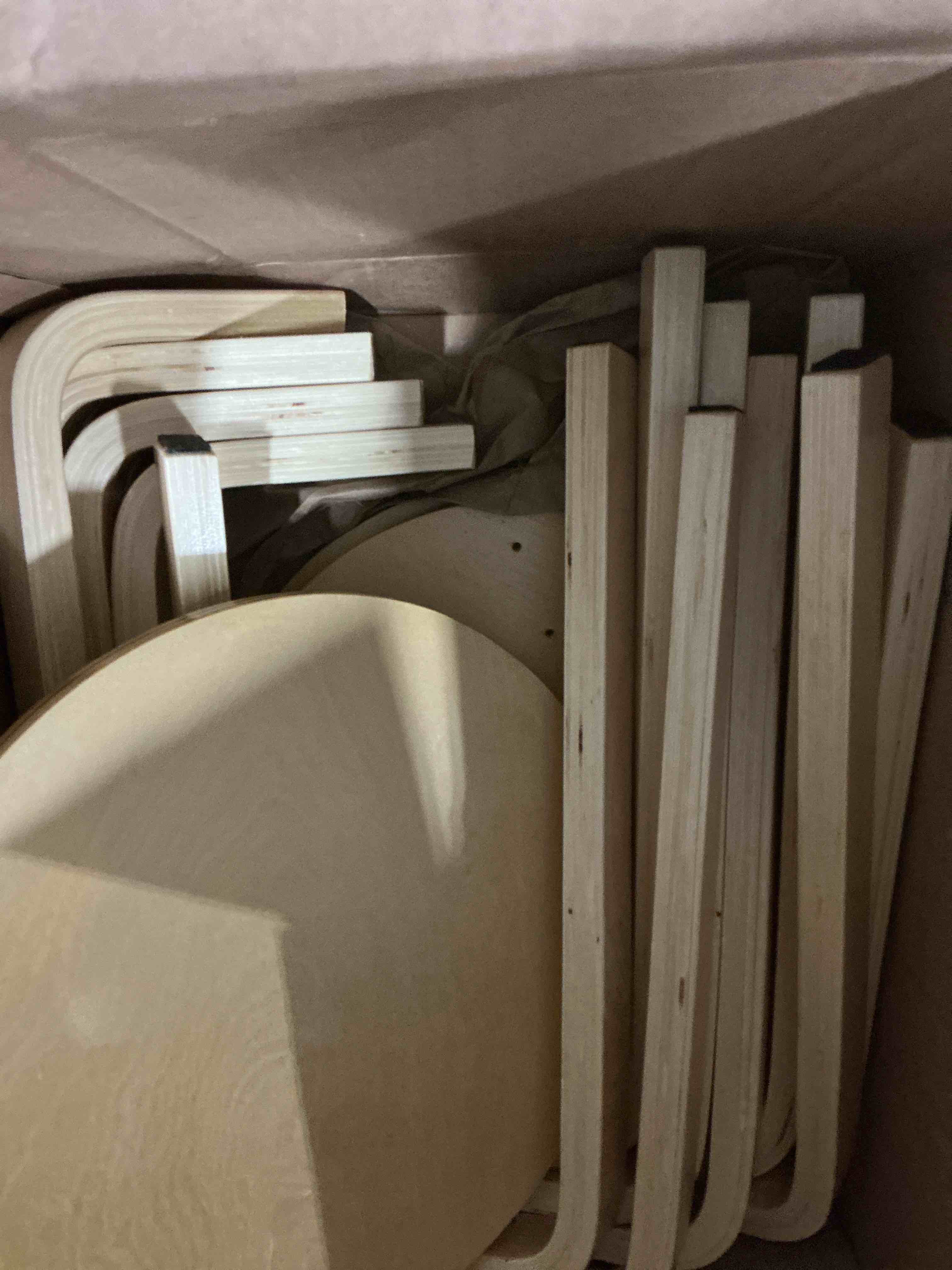 Condition photo showing Good Condition for Stackable Bentwood Stool Set of 4?18" Round Stacking Backless Nesting Stools?Anti-Slip Felt Pad,Portable School Stool?Suitable for classrooms, Dining Rooms, Kitchens?Birch no hardware included