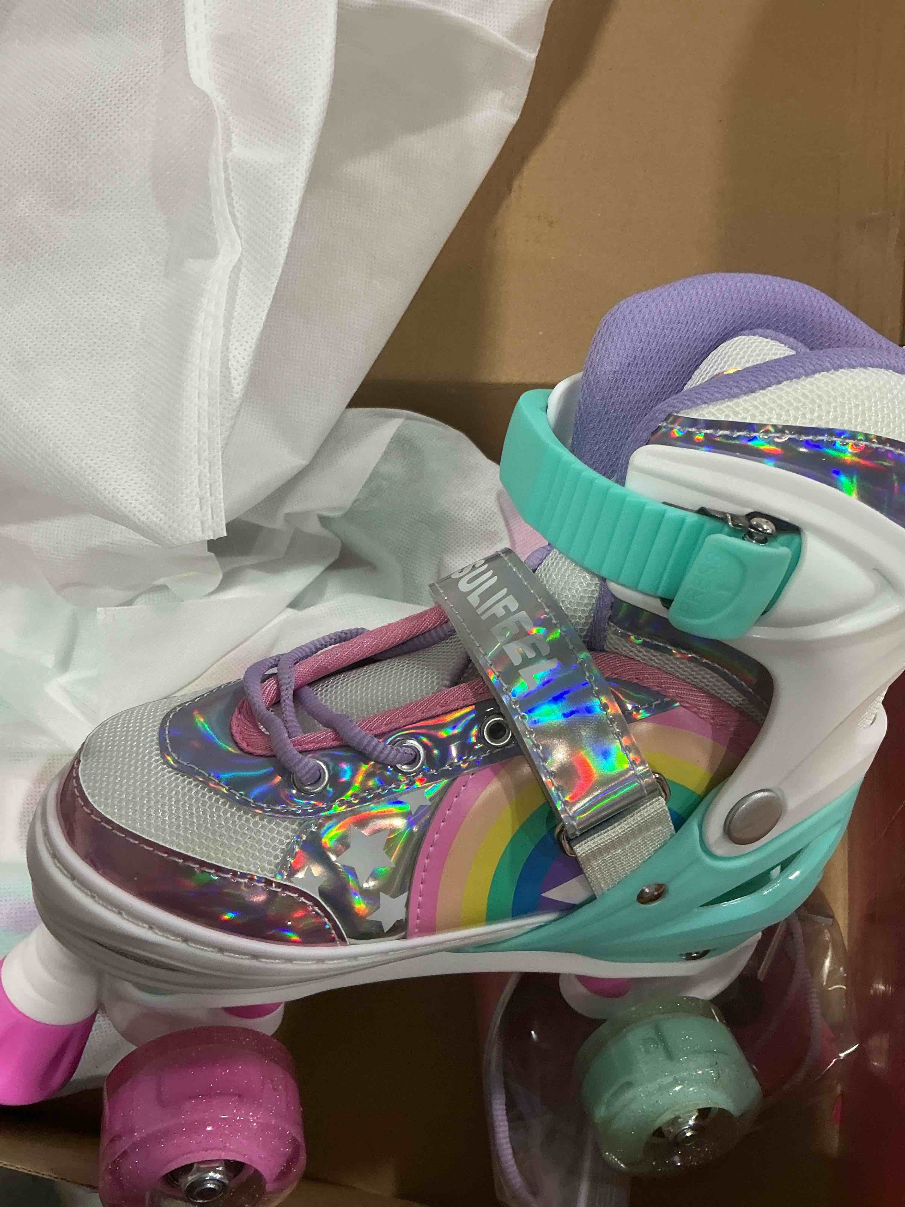 Condition photo showing New/Like New for SULIFEEL Rainbow Unicorn 4 Size Adjustable Light up Roller Skates for Girls Boys for Kids