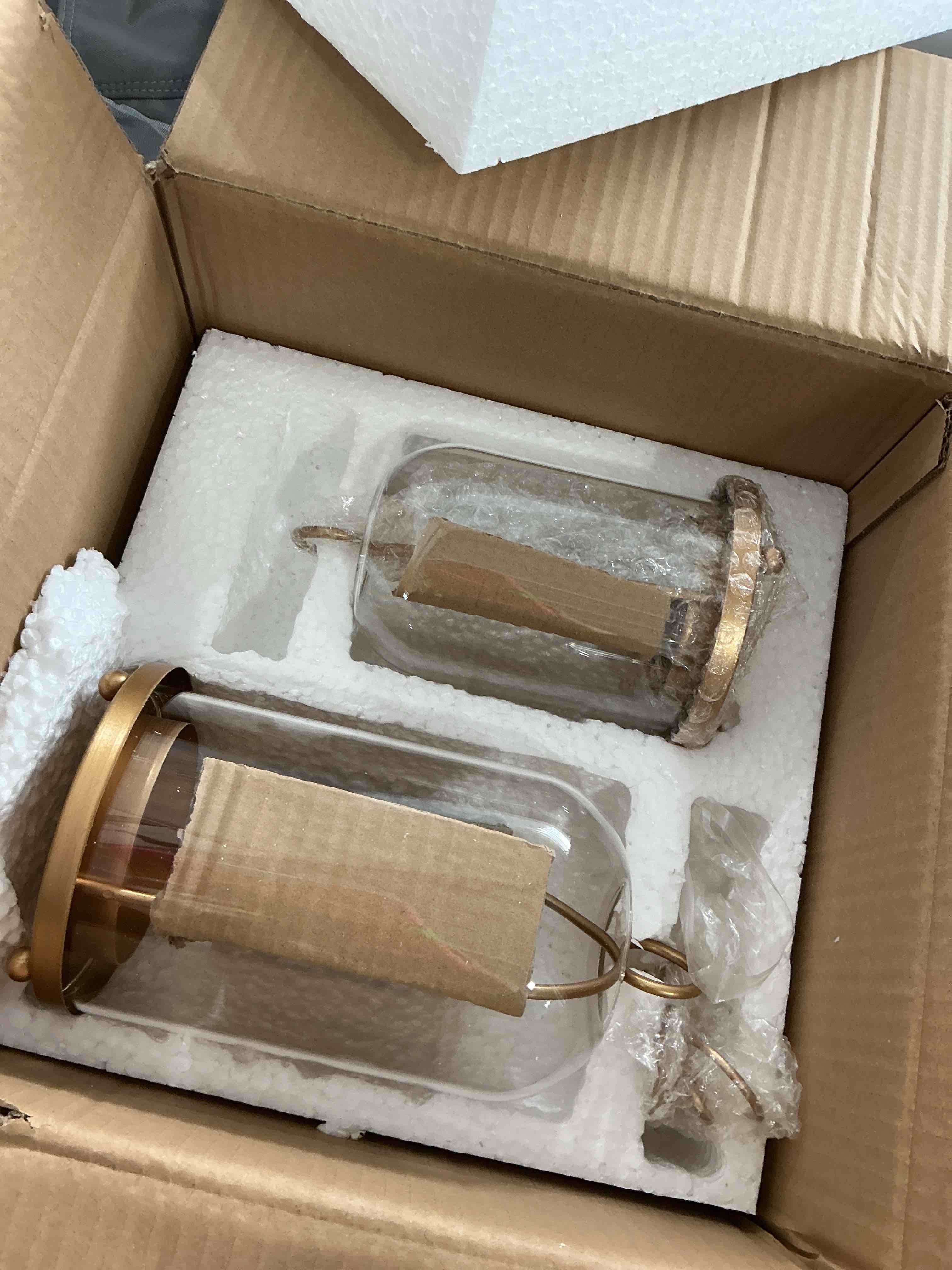 Condition photo showing Good Condition for Hurricane Metal & Glass Candle Holder Gold Set of 2, Decorative Candlestick Pillar Candle Holder with Clear Glass for Wedding Party Christmas Holiday Dining Table Centerpiece Lanter
