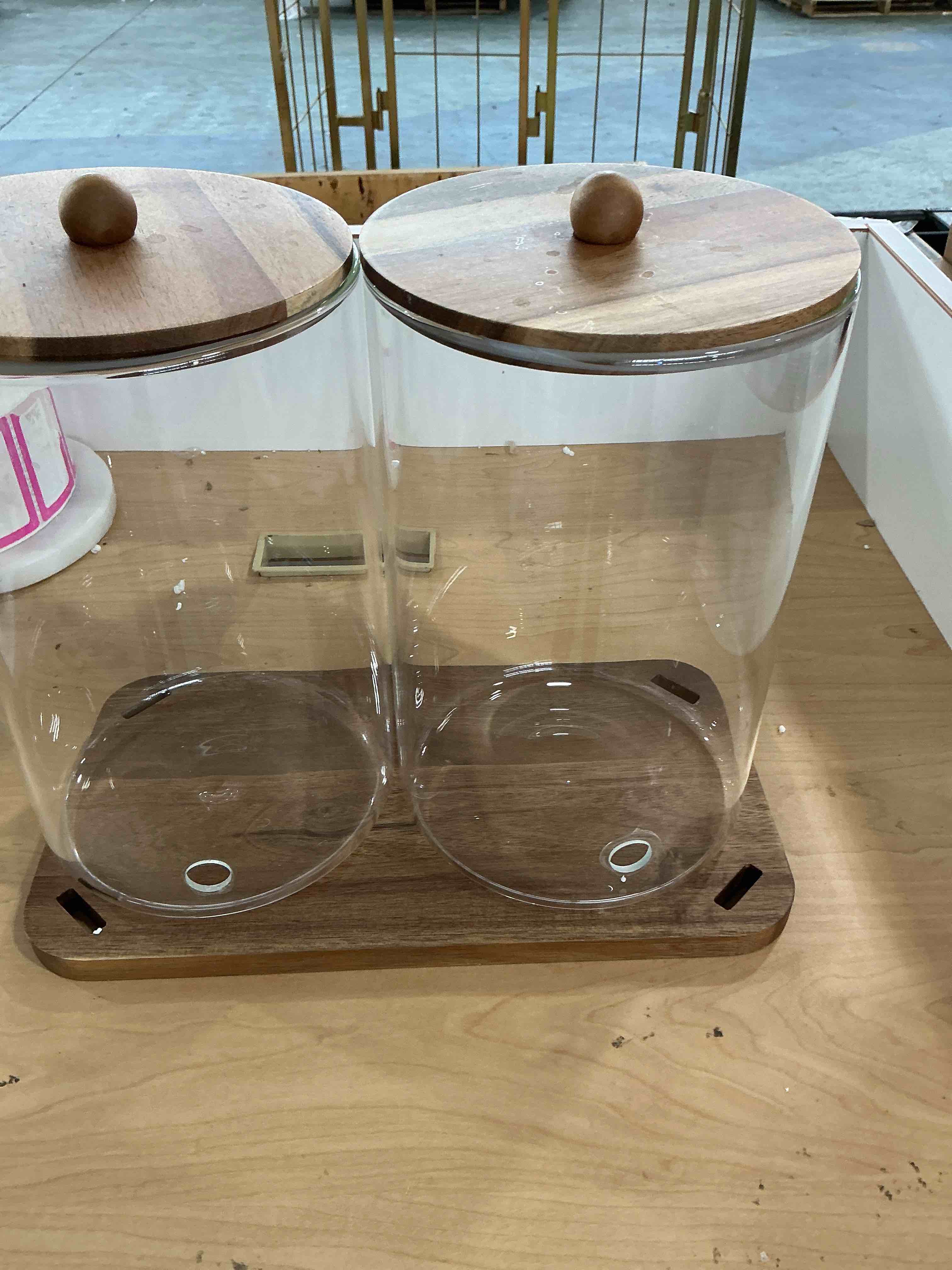 Condition photo showing As Is for 2 PCS 1 Gallon Drink dispenser, Glass Beverage Dispenser With Wood Stand, Large Water Drink Dispensers for Parties With Stainless Steel Spigot, Ideal for Lemonade,Juice, Tea, and Party Drinks. no nozzle.