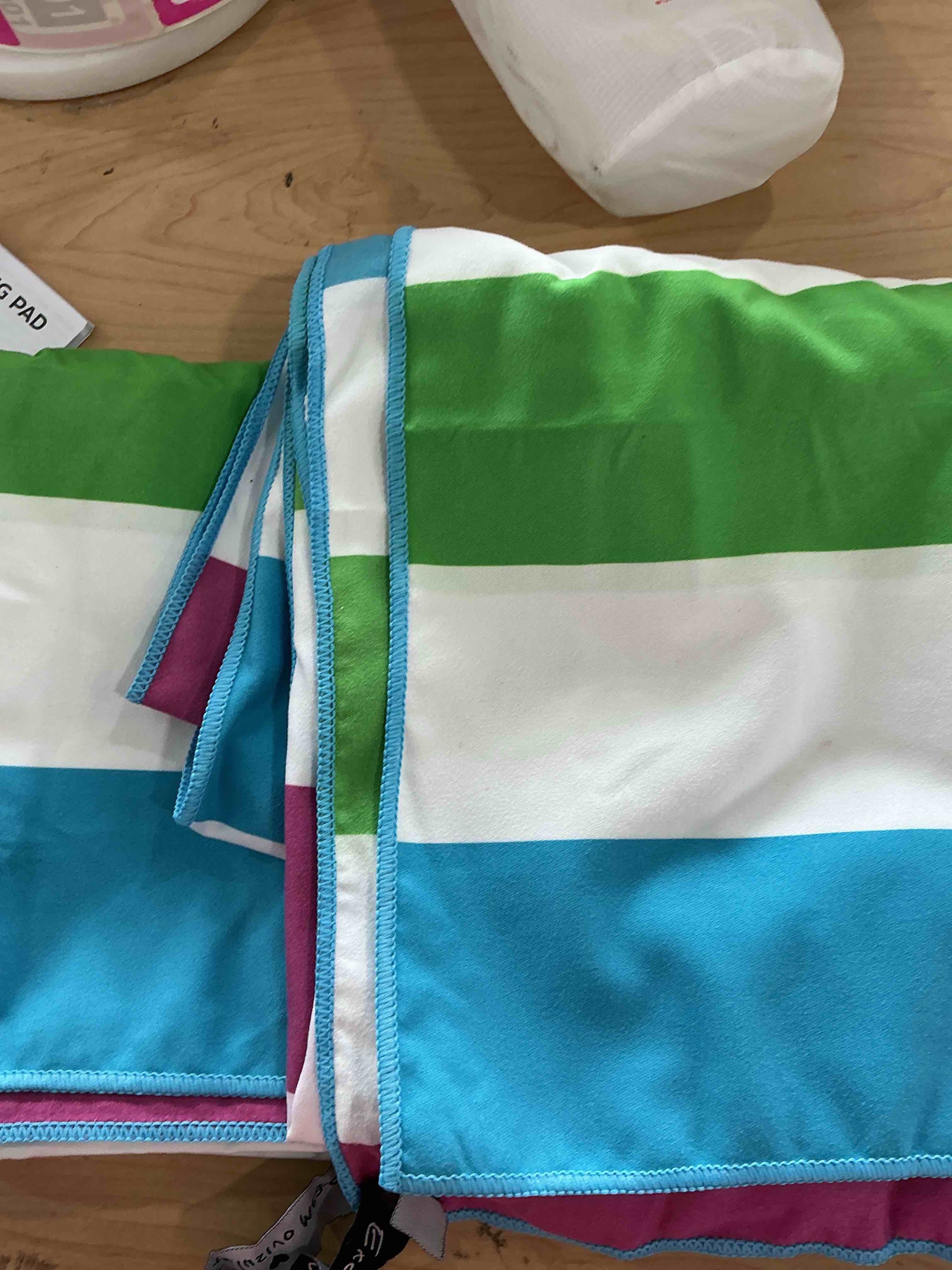 Condition photo showing Good Condition for Exclusivo Mezcla Microfiber Quick Dry Beach Towel, Oversized Lightweight Sandfree Pool Towel for Swimming Camping Travel with Bag (Multicolor, 35x70 Inches) Stripe-colorful 35" x 70"