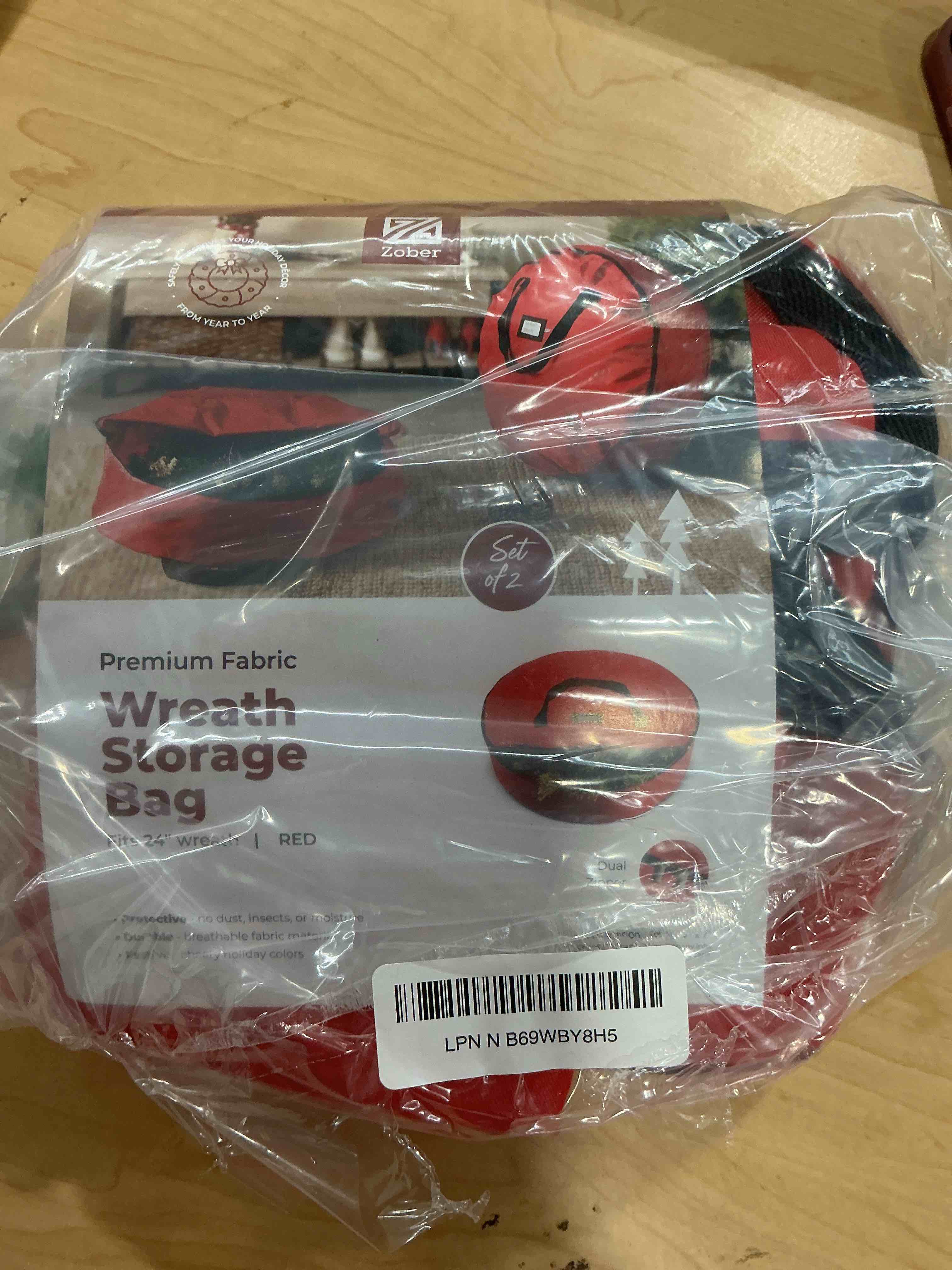 Condition photo showing Good Condition for ZOBER 2 Pack Oxford Christmas Wreath Storage Container 24 Inch - Wreath Bag for Artificial Wreaths Box - Waterproof Fabric, Dual Zippered Wreaths Storage Bag With Strong Durable Handles - Red Red 24 inch