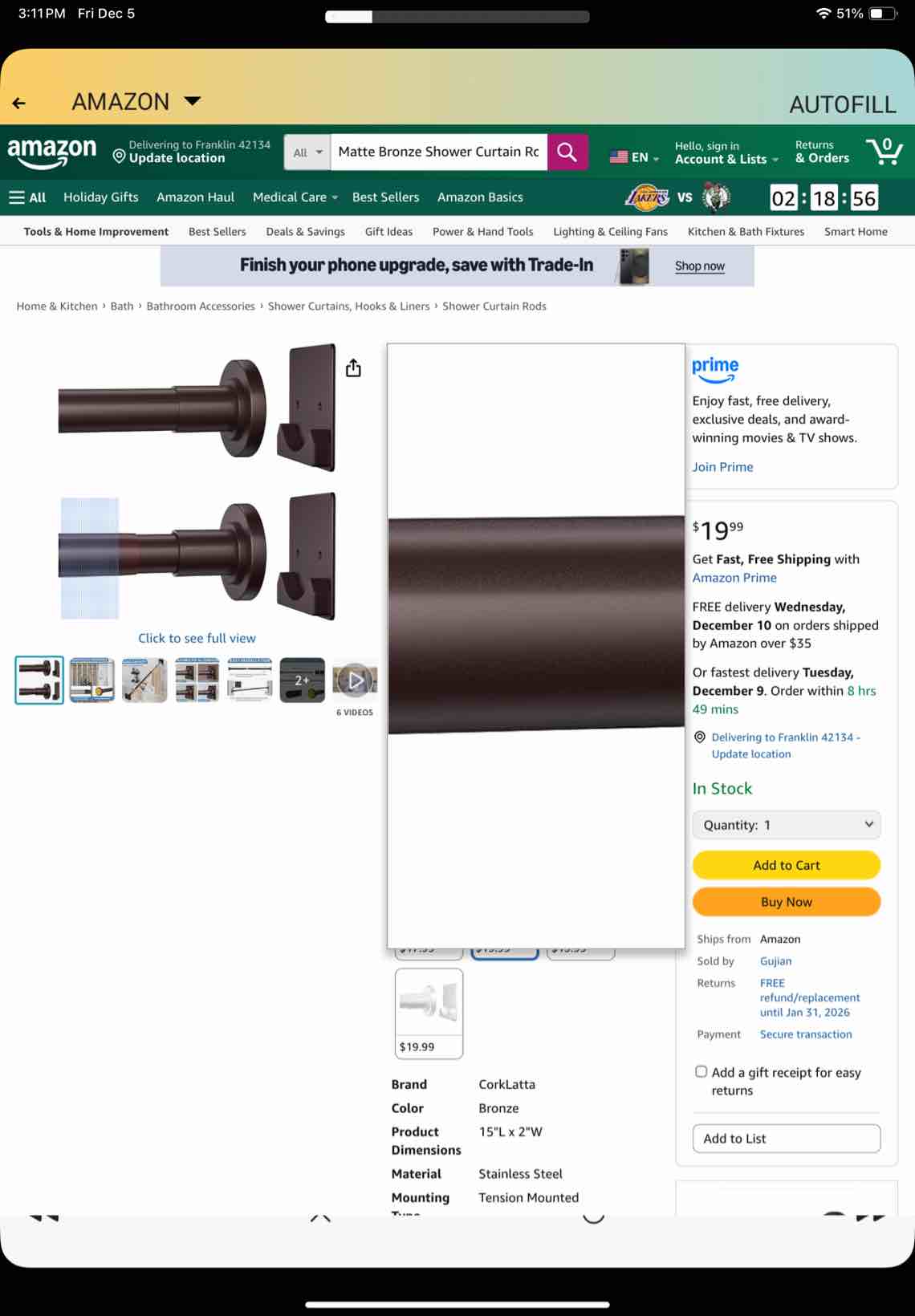 Matte Bronze Shower Curtain Rod,1 Inch Diameter Stainless Steel Adjustable Spring Tension Rods 32 to 80",with Holders,Anti-Slip,Curtain Rods No Drilling(1 Pack)