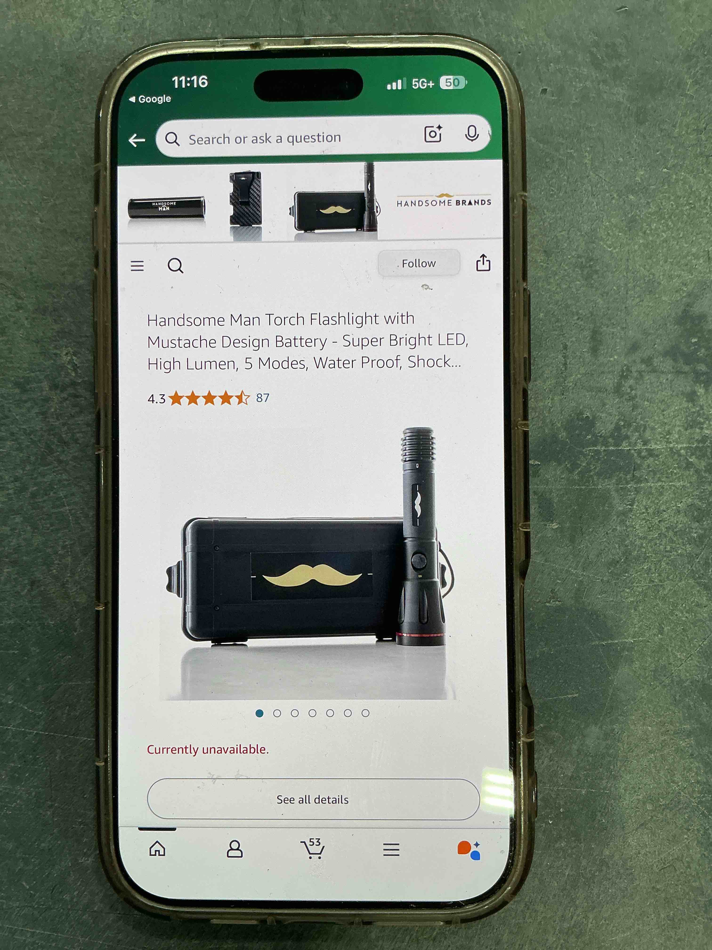 handsome man, torch, flashlight with mustache design battery