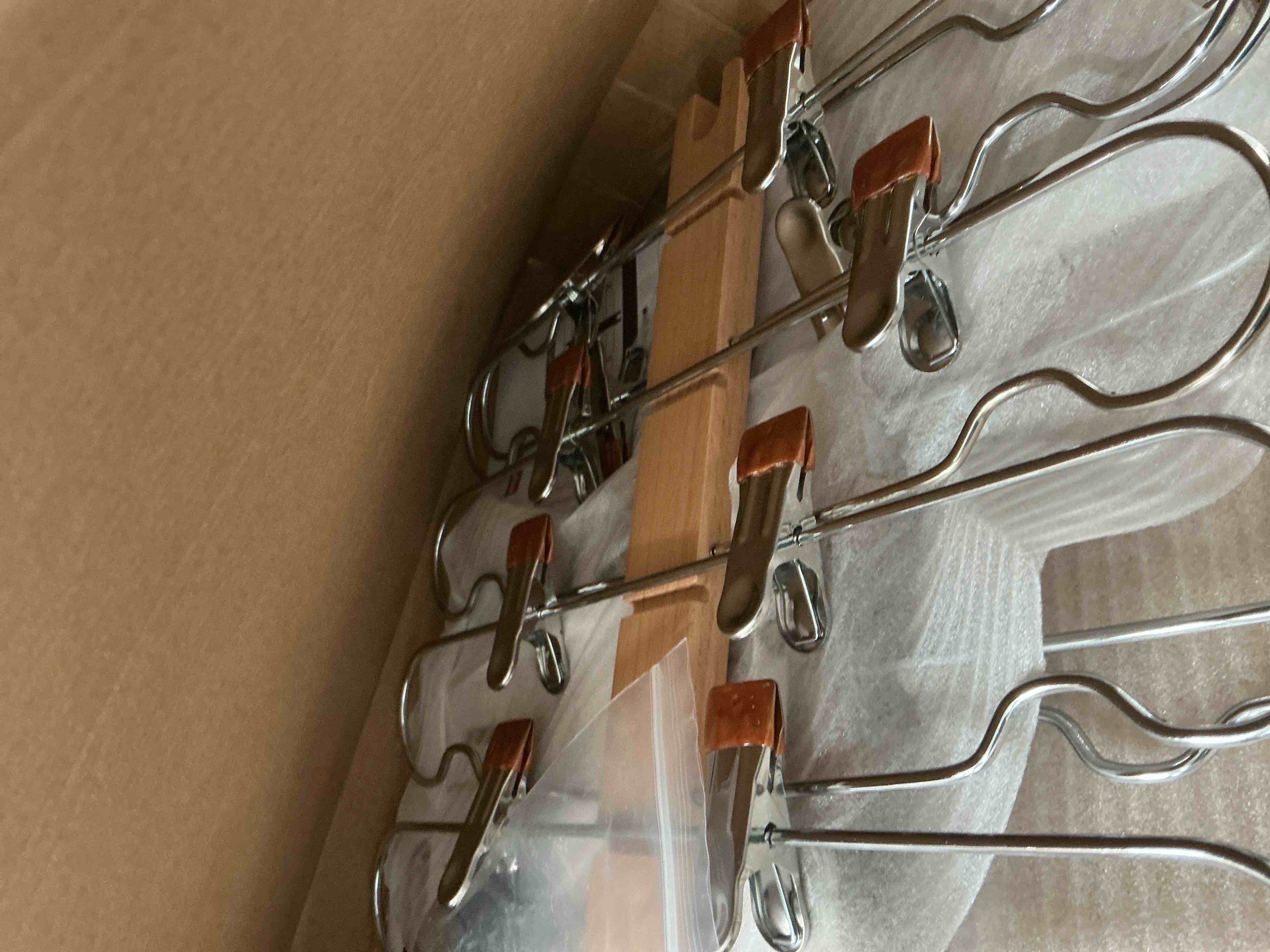 Condition photo showing Good Condition for 2 Pack Skirt Hangers with Clips, Space Saving Beechwood 5 Tier Pants Hangers with 360° Swivel Hook, Closet Organizer for Skirts, Pants, Tank Top-College Dorm Room Essentials (Wood Color)