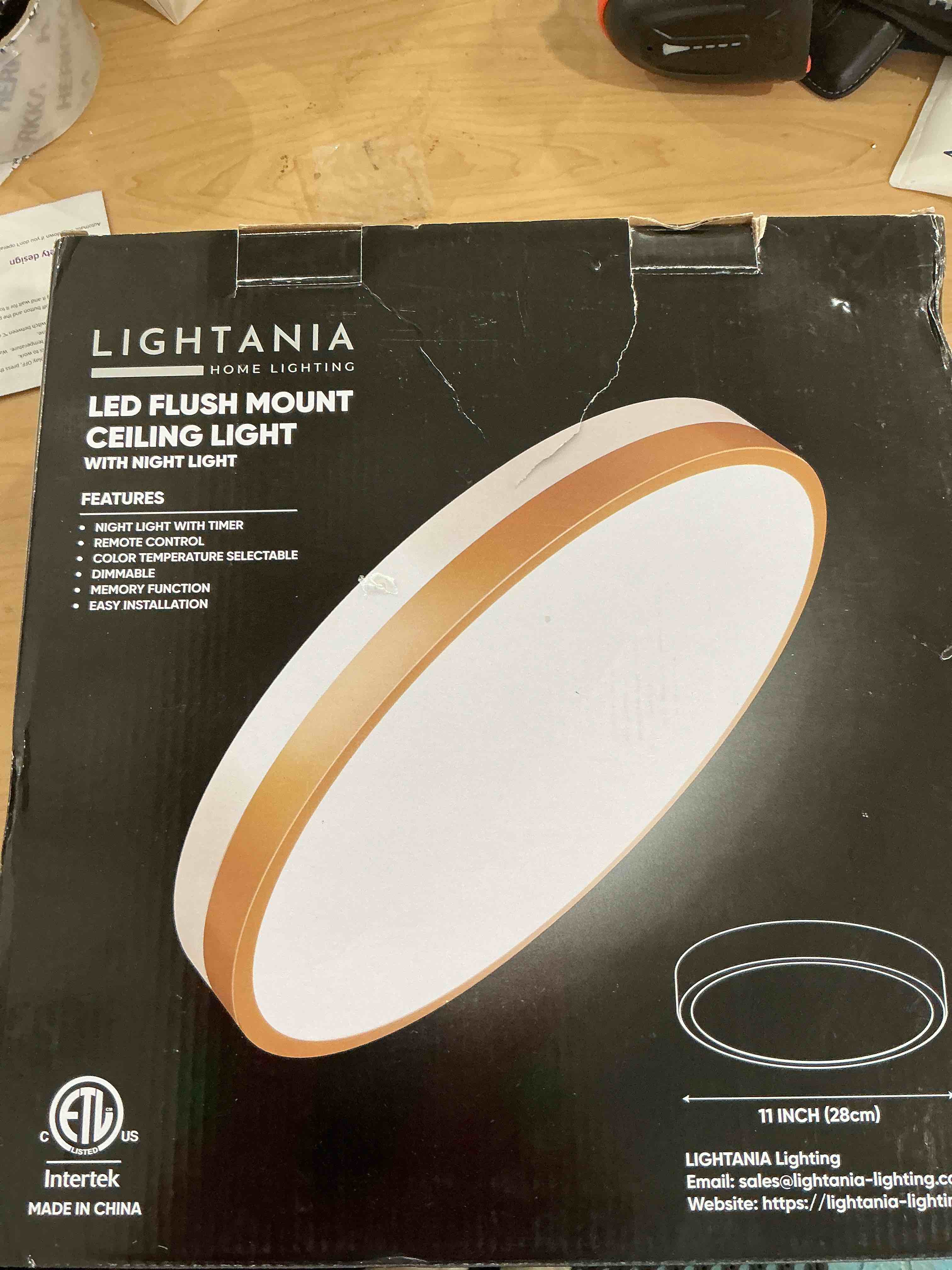 Condition photo showing New/Like New for 11 Inch Flush Mount Ceiling Light with Remote Control & Night Light, 5CCT Dimmable Ceiling Light Fixture, 20W 2000LM 2700K-6500K Adjustable LED Ceiling Lights for Bedroom Kitchen, White Gold 11 Inch White Gold