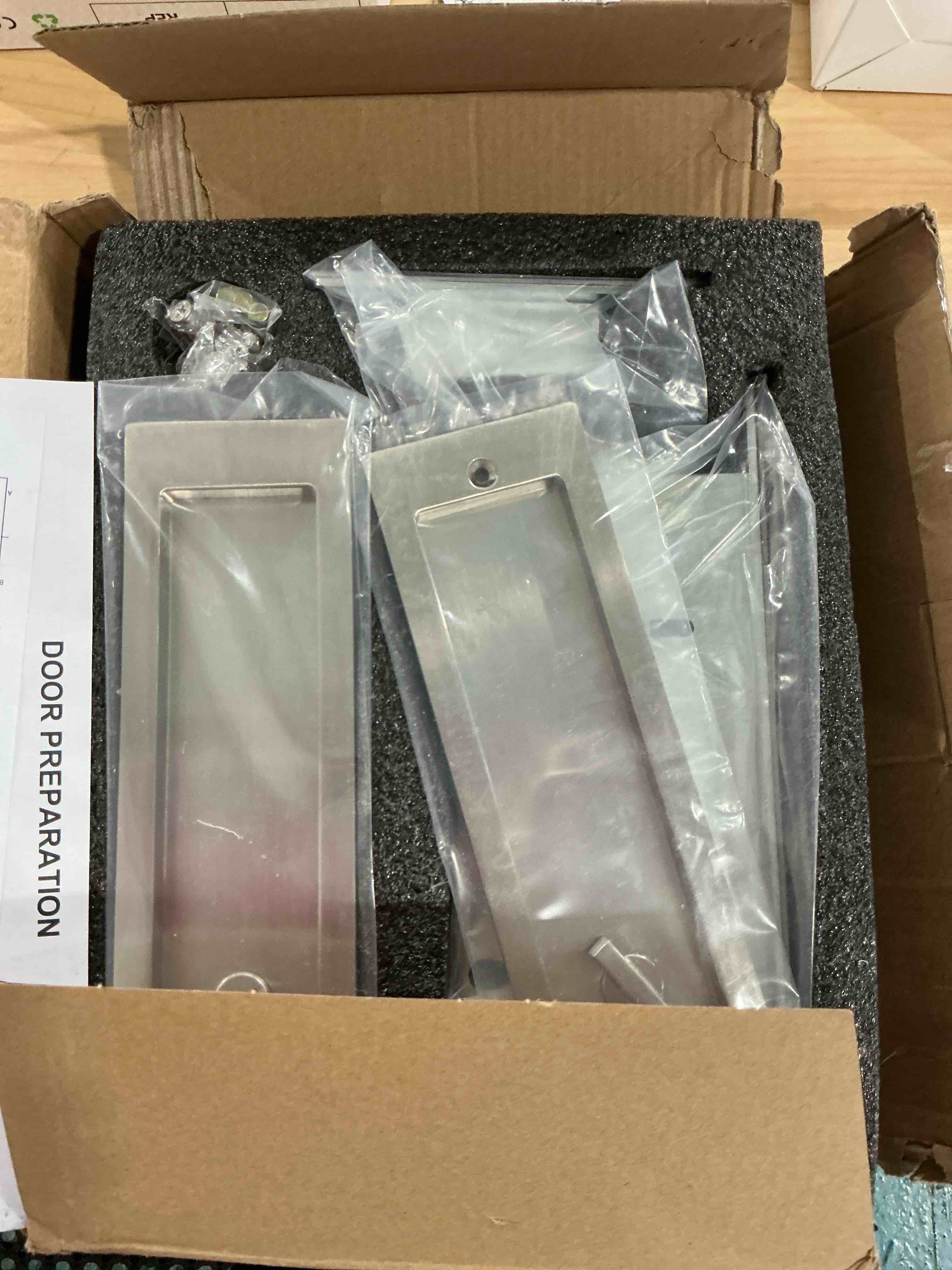 Condition photo showing New/Like New for Pocket Door Privacy Lock with Indicator No Keys Brushed Nickel- Modern Rectangular Hardware, Finger Flush Pulls with Edge Pull for Sliding, Folding Doors With indicator no keys Sliver