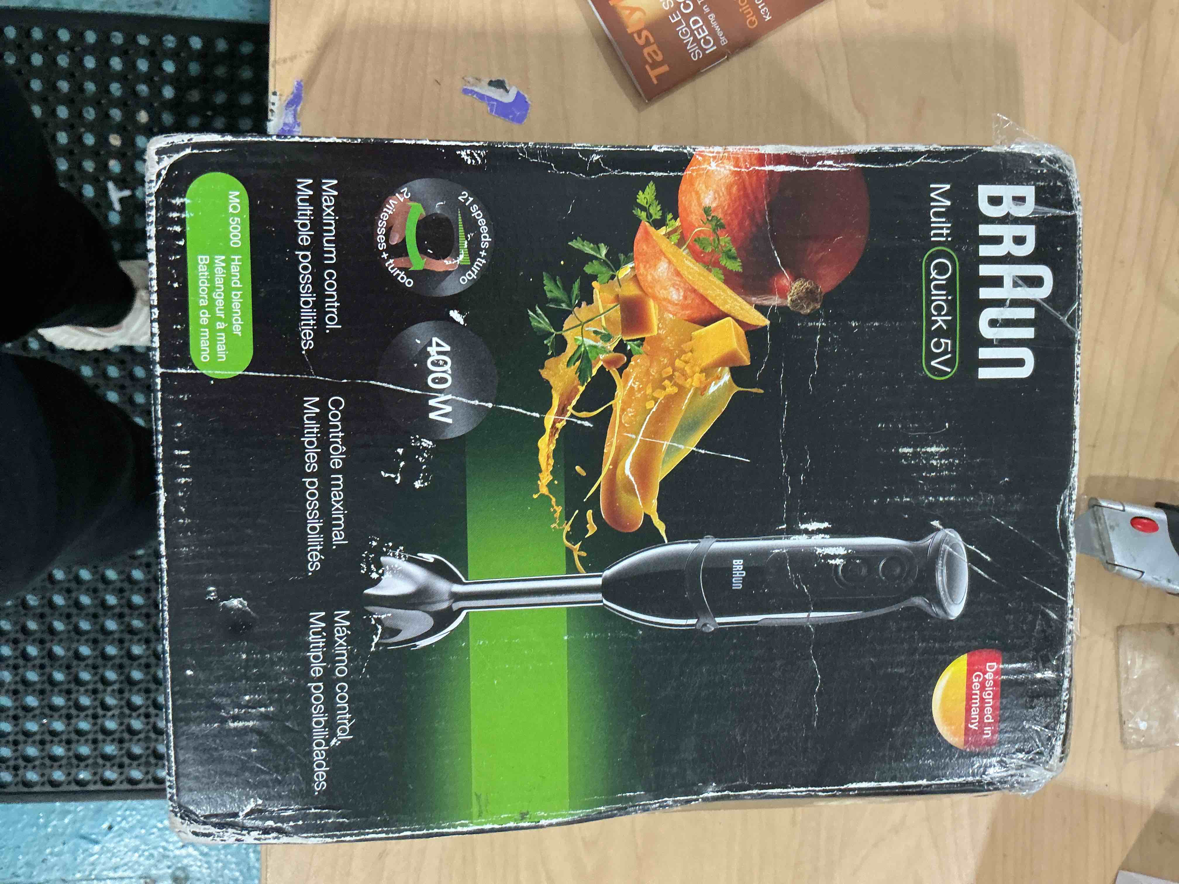 Condition photo showing Good Condition for Braun MQ5000 Vario Hand Blender Stick – 21-Speed Handheld Immersion Blender with Turbo Boost, Stainless Steel Blades, SplashControl, EasyClick System, 400W, Hand Blenders for Smoothies MQ5000BK