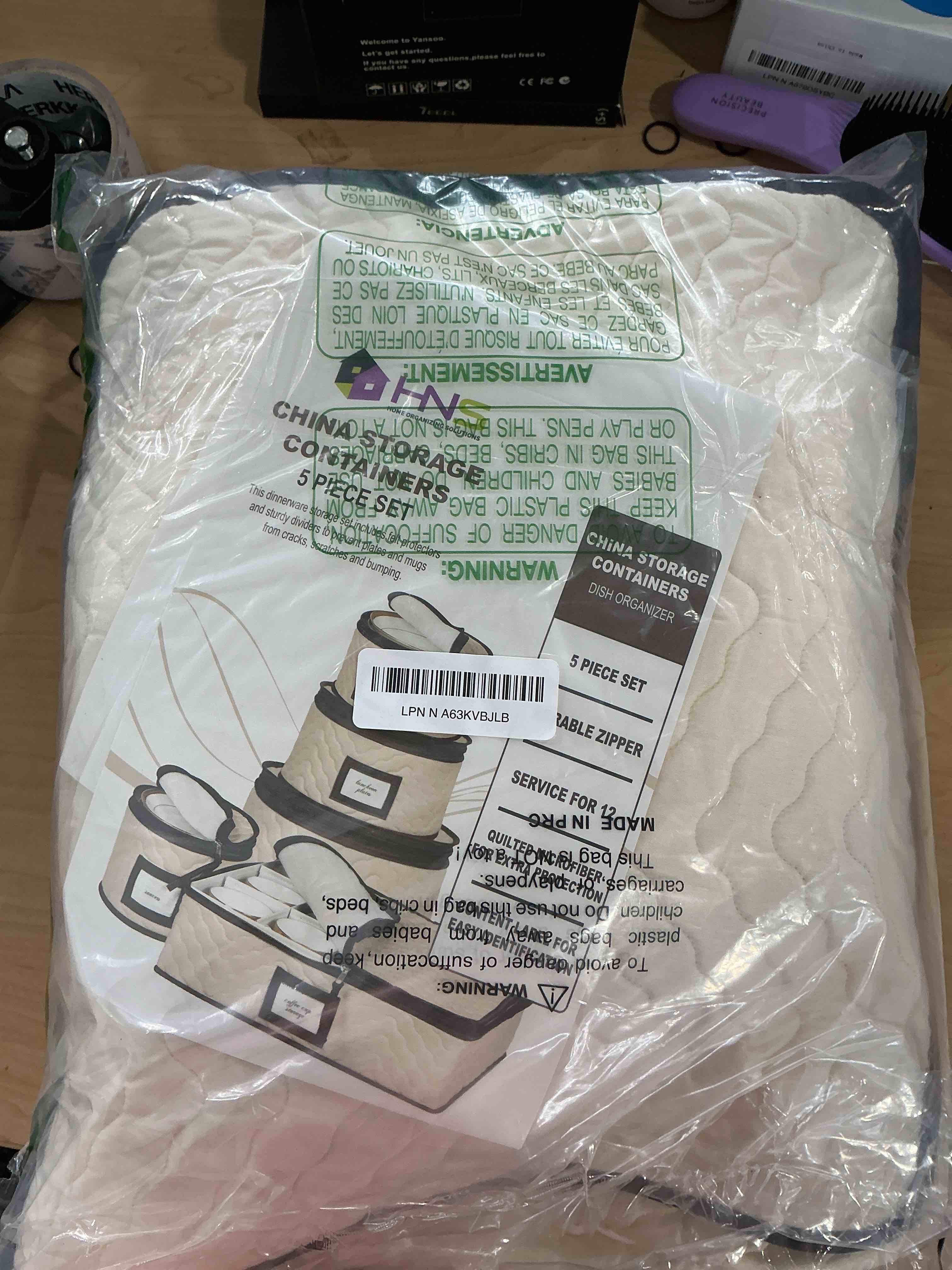 Condition photo showing New/Like New for China Storage Containers 5-Piece Set Moving Boxes for Dinnerware, Glasses, Plates, Mugs and Saucers Sturdy Quilted Microfiber Dish Organizer with Dividers for Seasonal Storage - Holds Set of 12 Beige 5 Piece Storage Set