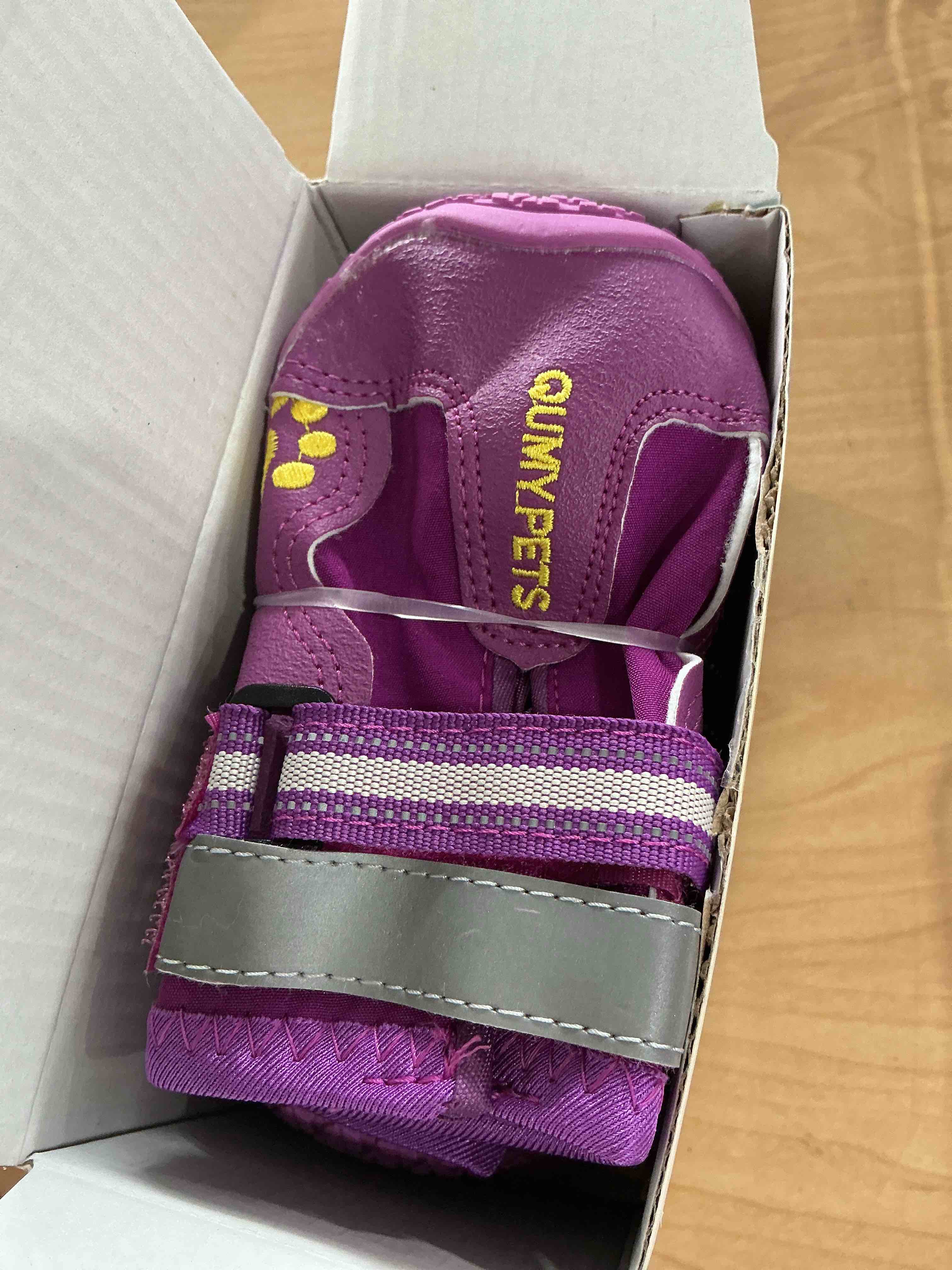 Condition photo showing New/Like New for QUMY Dog Shoes for Large Dogs, Medium Dog Boots & Paw Protectors for Winter Snowy Day, Summer Hot Pavement, Water-Resistant in Rainy Weather, Outdoor Walking, Indoor Hardfloors Skid-Resistant Sole Purple Size 5: 2.4''x2.8''(W*L) (Pack of 4)