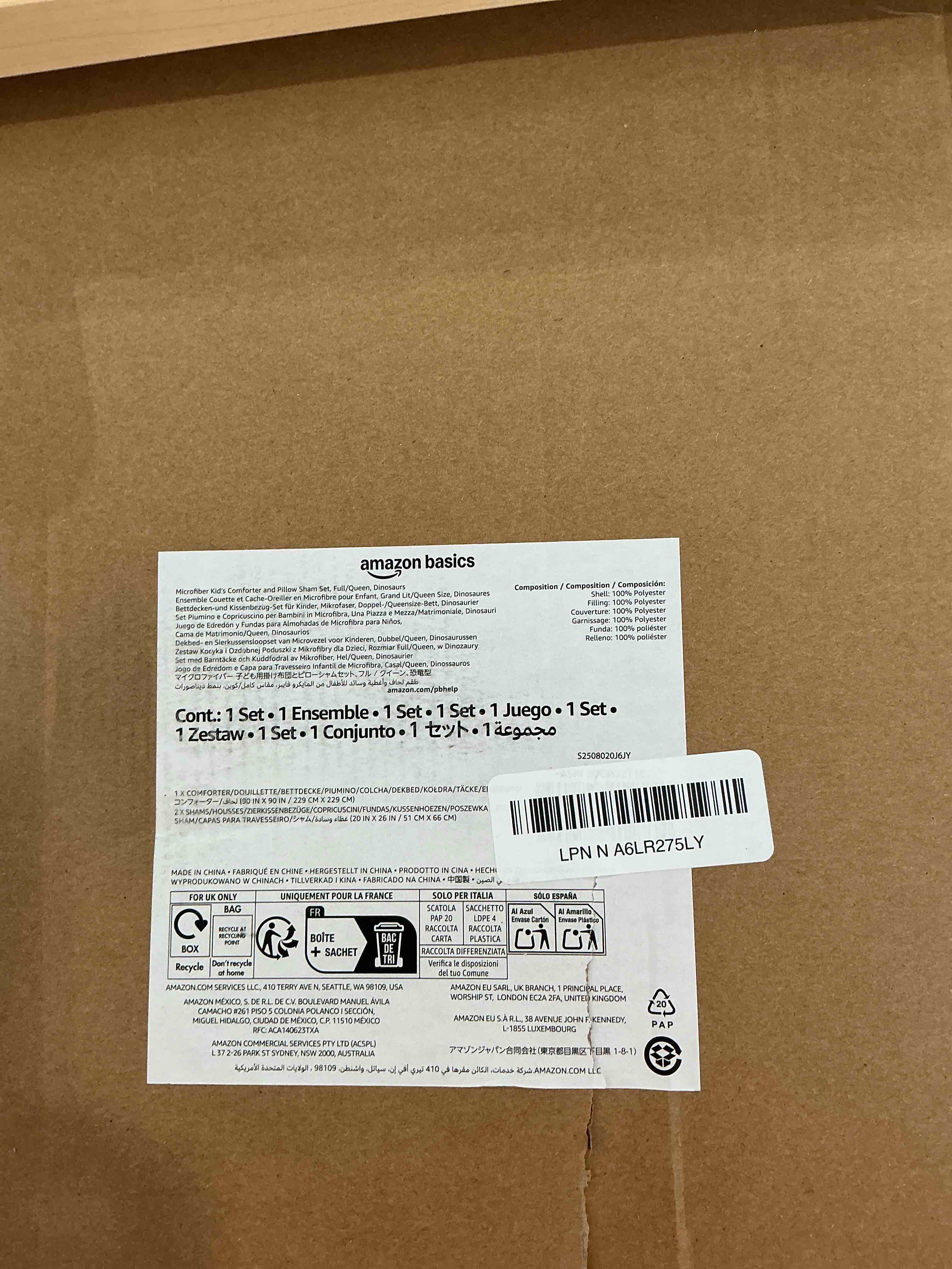 Condition photo showing New/Like New for Amazon Basics 3 Piece Microfiber Kid's All Season Comforter and Pillow Sham Set, Full/Queen, Dinosaurs, Animal Print Full/Queen Dinosaurs