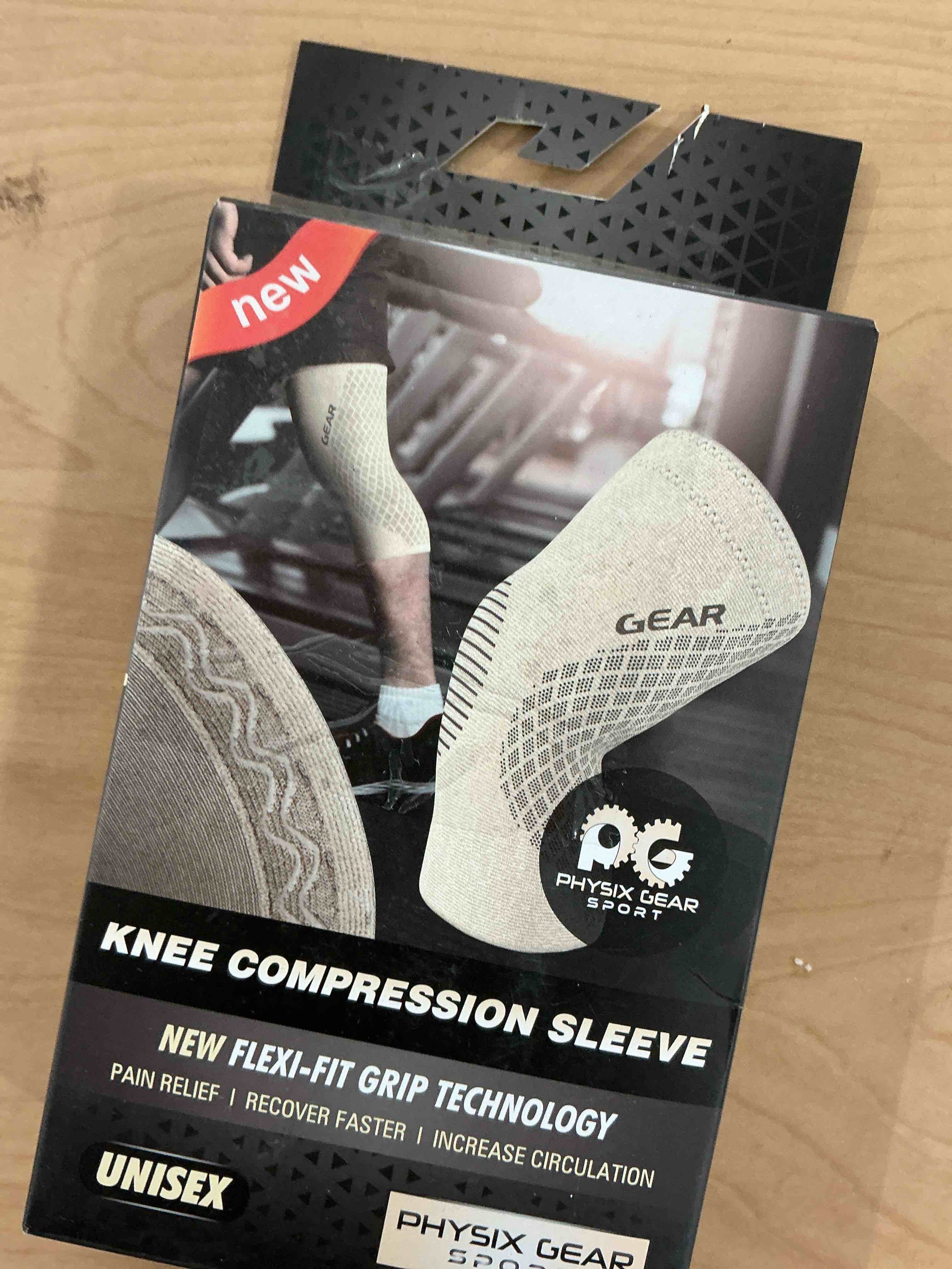 Condition photo showing As Is for Physix Gear Knee Compression Sleeve for Men & Women - Best Compression Knee Brace for Walking, Running, Gym, Basketball, Weightlifting,Workout, Sports - Knee sleeves Support Compression & Stability M Beige/Black