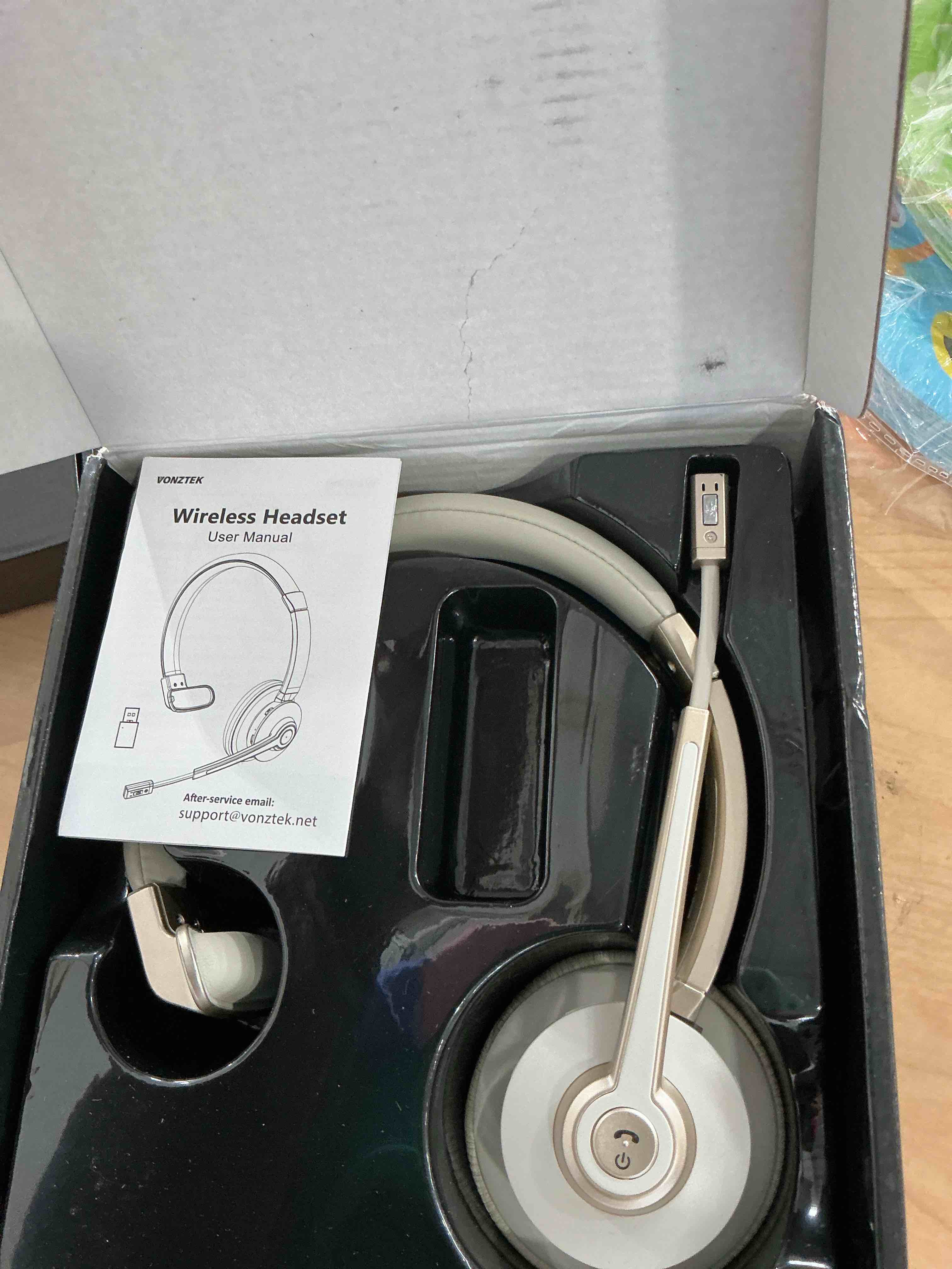 Condition photo showing New/Like New for Wireless Headset, Trucker Bluetooth Headset with Microphone Noise Canceling & Mute, Bluetooth Headphones with USB Dongle for Cell Phone Computer Call Work Home Office Meetings Teams Skype White Gold