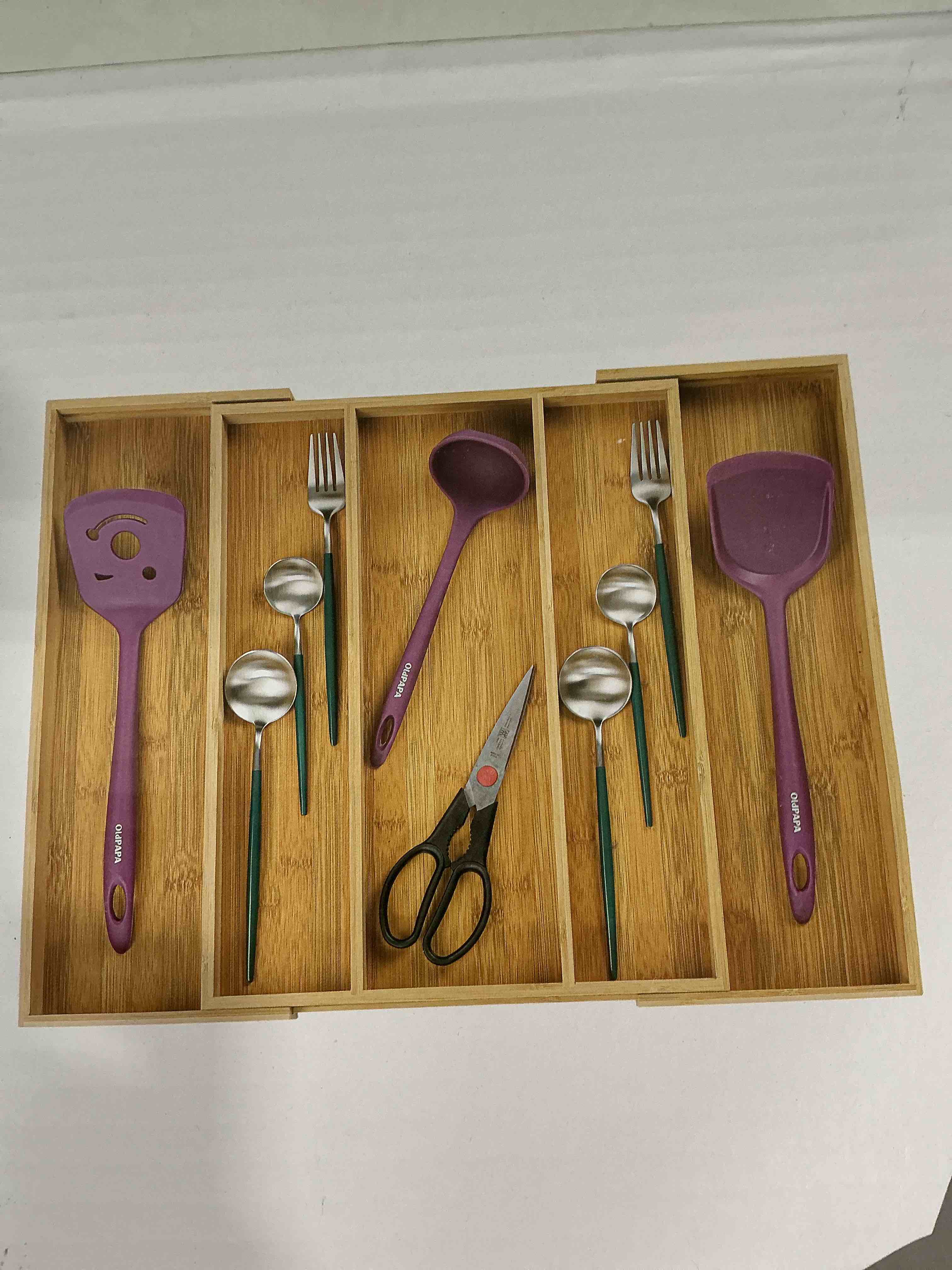 Condition photo showing New/Like New for Utoplike Bamboo Expandable Kitchen Drawer Organizer, Adjustable Utensil Holder and Cutlery Tray Organiser, Drawer Divider for Silverware, Flatware, Knives in Kitchen, Bedroom, Living Room, 5 Slot Large Natural
