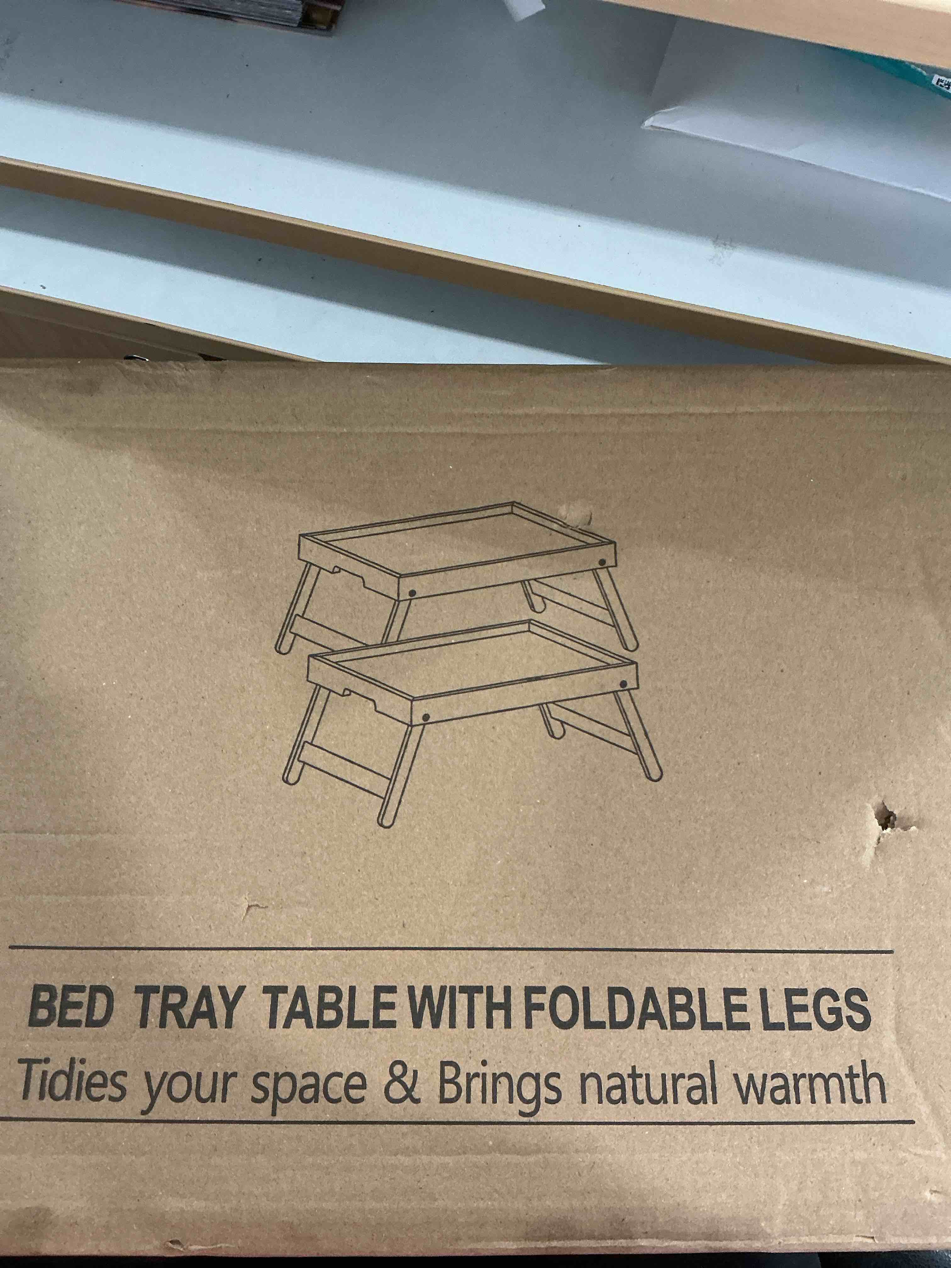 Condition photo showing New/Like New for 2 Pack Bamboo Bed Tray Table with Folding Legs,Breakfast Trays,Serving Tray for Food and Snack,Laptop Trays for Working(White) 2 PC White