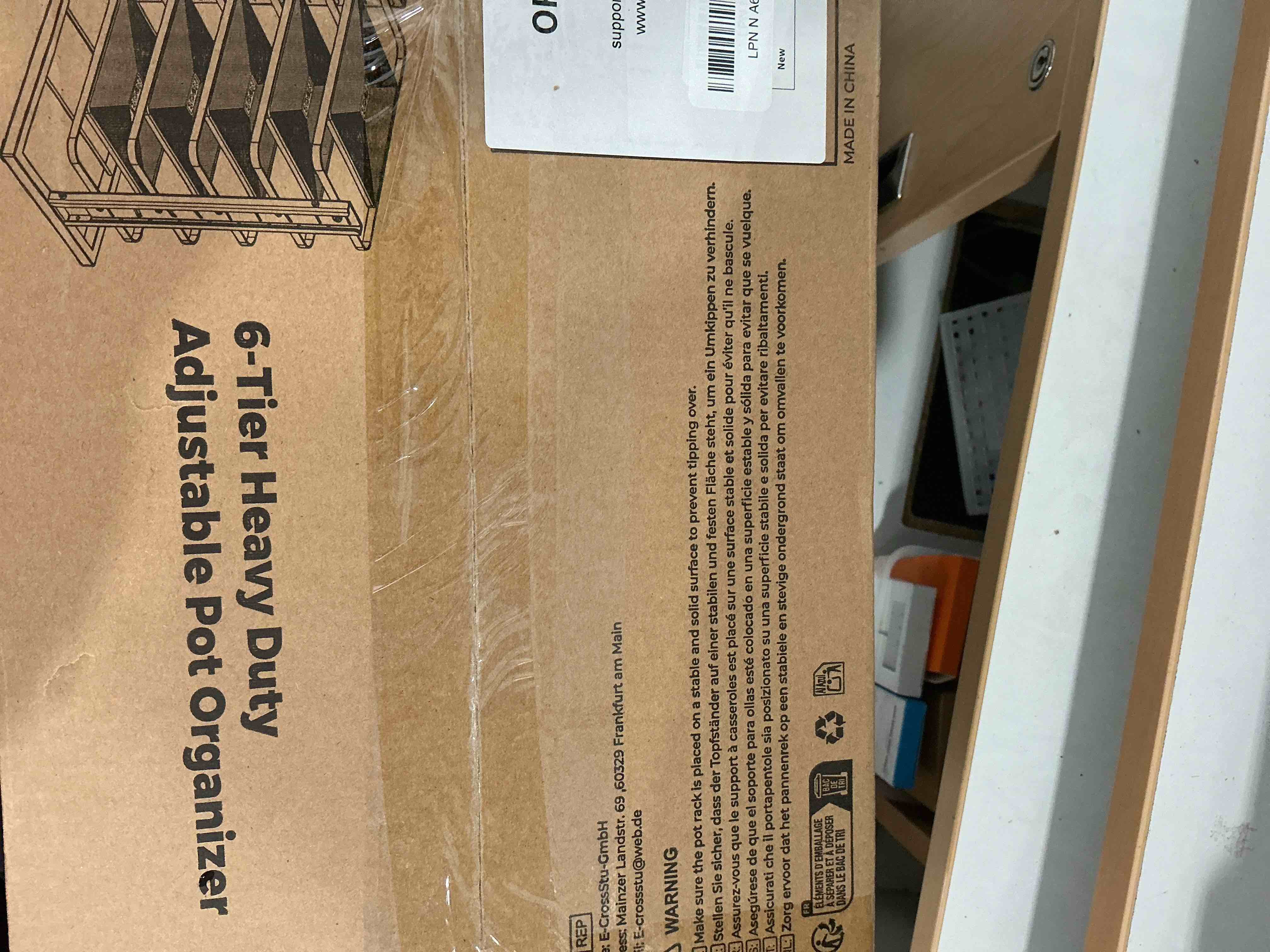 Condition photo showing New/Like New for ORDORA Pots and Pans Organizer under Cabinet, 6-Tier Heavy Duty Pan Pot Organizers for Kitchen Adjustable 13.78 to 23.43", Pots Rack inside Storage Holds 12 Qt Stock Pot Black