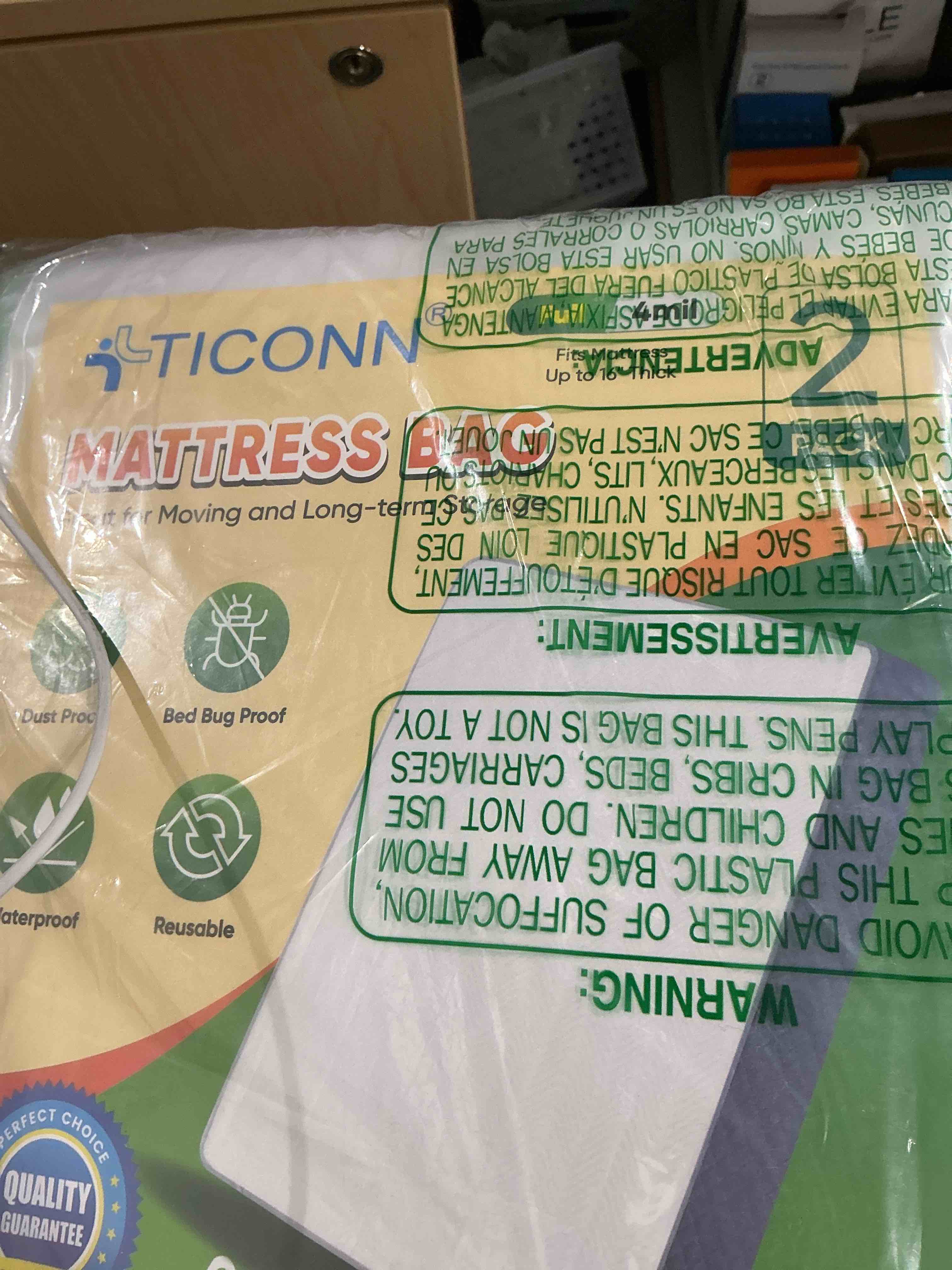 Condition photo showing New/Like New for TICONN 2PK Plastic Mattress Bag for Moving Storage, Waterproof Mattress Protector Cover, Heavy-Duty Mattress Moving Supplies (4 mil, Full) Full Heavy-Duty Protection(4 Mil Thick)
