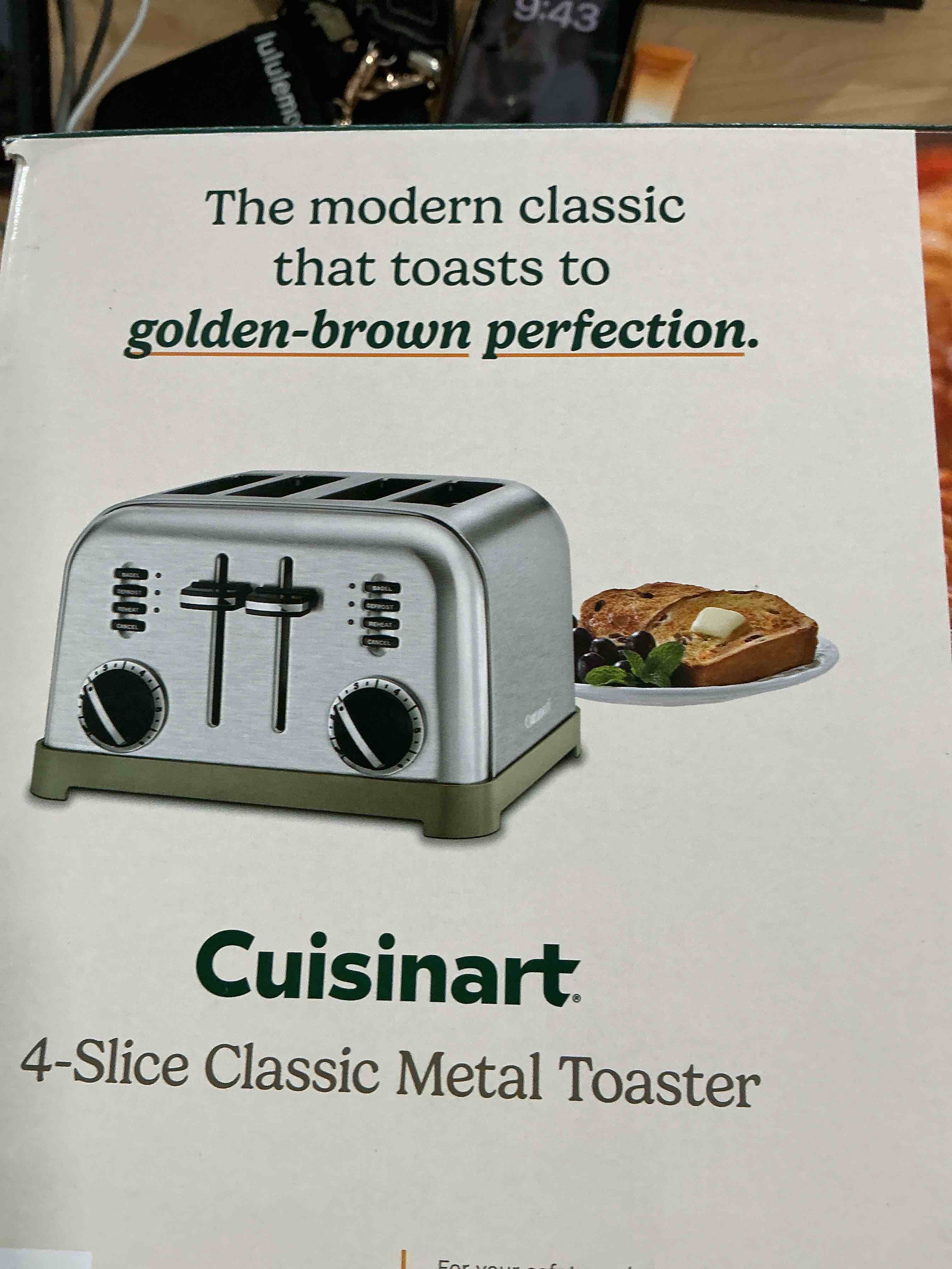 Condition photo showing New/Like New for Cuisinart 4 Slice Compact Stainless Steel Toaster with Extra-Wide Slots for Bread, French Toast, Bagels & Pastries, Defrost & Reheat Functions, CPT-180P1, Brushed Stainless, Removable Crumb Tray