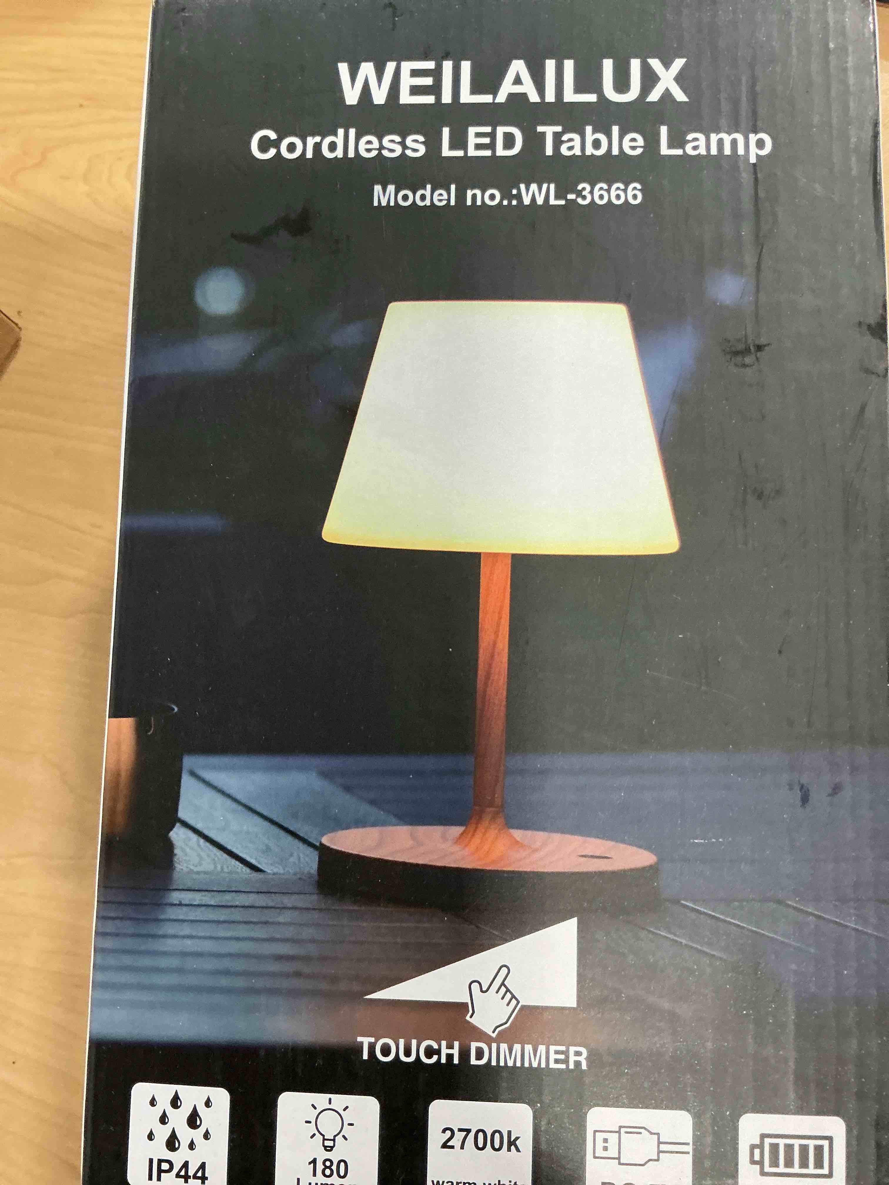 Condition photo showing Good Condition for Outdoor Battery Operated Table Lamp Waterproof, 4000mAh Cordless Rechargeable, Touch Dimmable Desk Lamp, LED Night Light for Patio Camping Restaurant Home, H9.6in, Wood Grain Wood Grain 9.6in