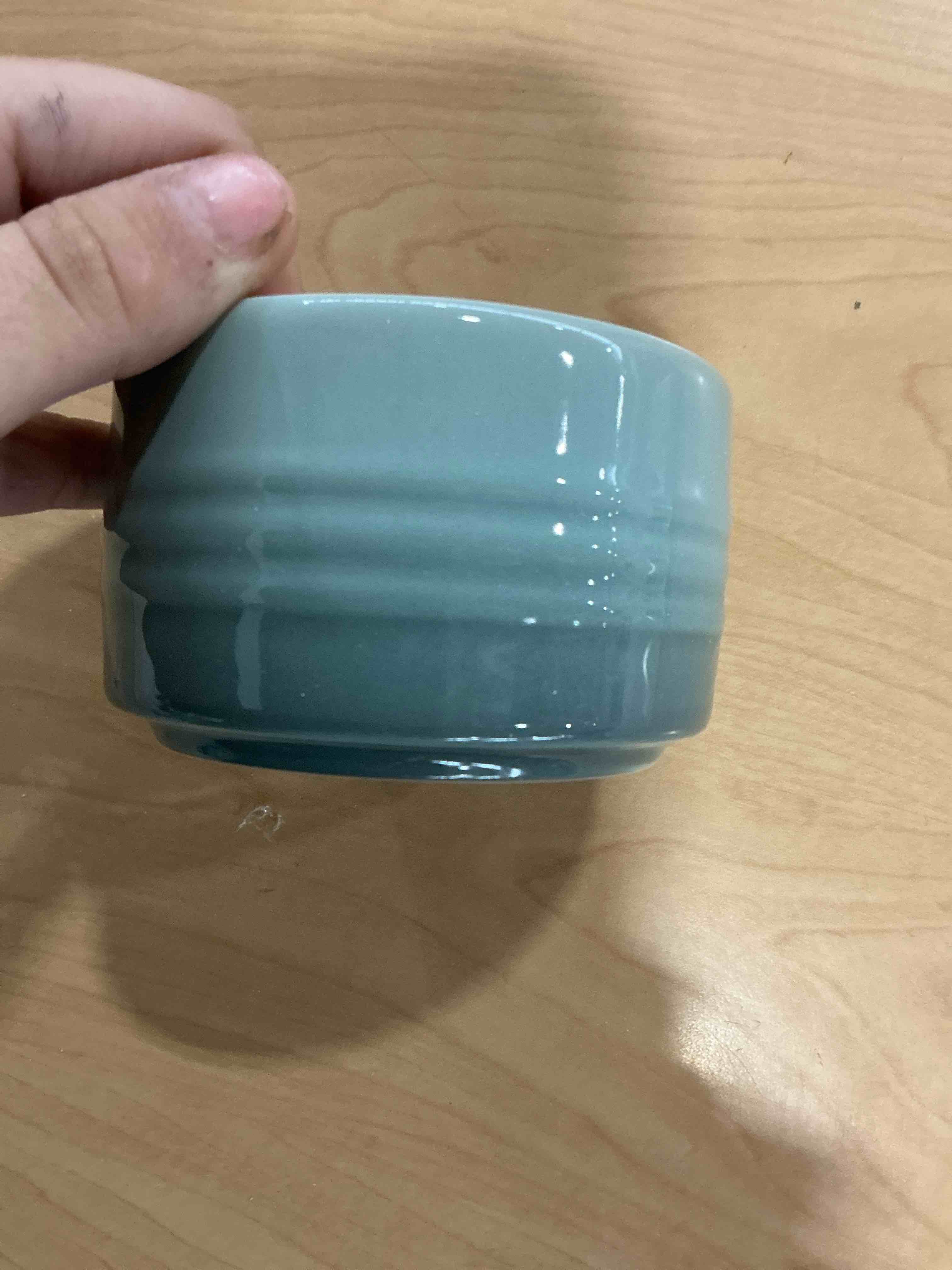 Condition photo showing As Is for only one Le Creuset Stoneware Round Ramekin Straight Wall Set of 2, 6.75oz. Each, Sea Salt