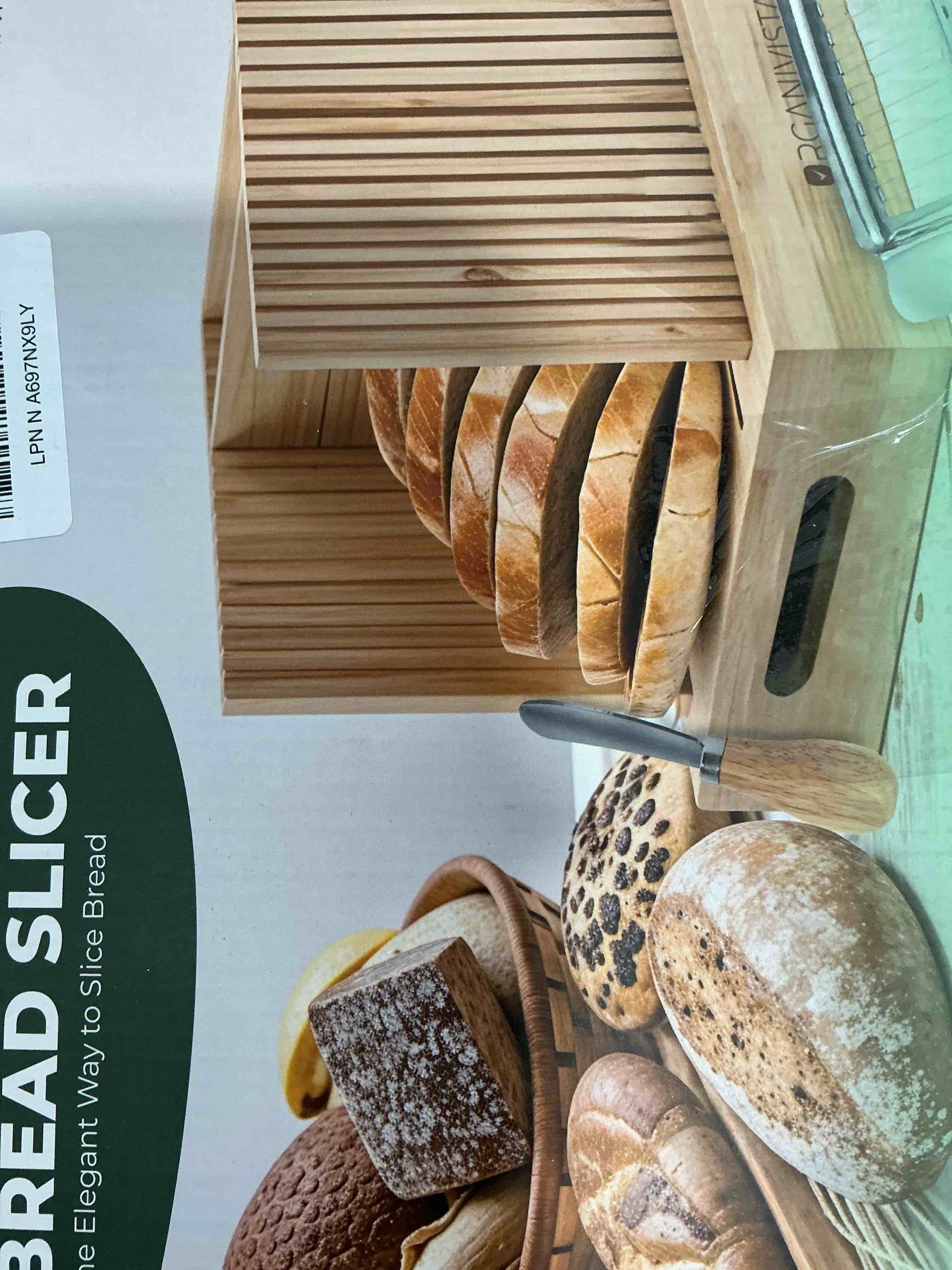 Condition photo showing New/Like New for Adjustable bread loaf slicer + bread slicer guide for sourdough; sandwich bread slicer, butter cutter and spreader knife + foldable design, crumb tray, non-slip base, compact storage