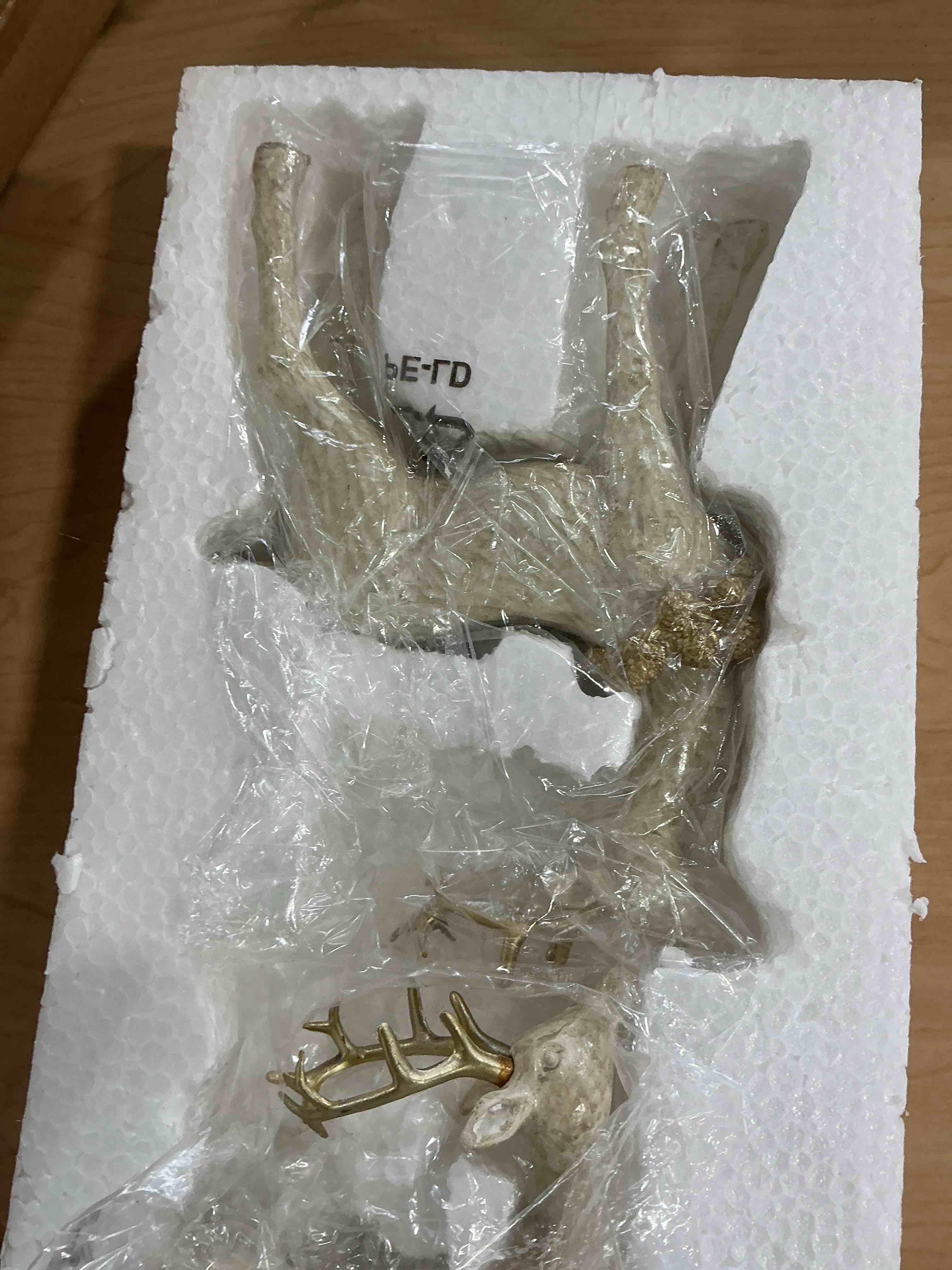 Condition photo showing New/Like New for DN DECONATION 2PCS Christmas Reindeer Decoration, Chritmas Clearance Small White and Gold Christmas Decor, Vintage Deer Statues, Resin Deer Figurines for Tabletop Decor Home Living Room Office White and Gold Set of 2