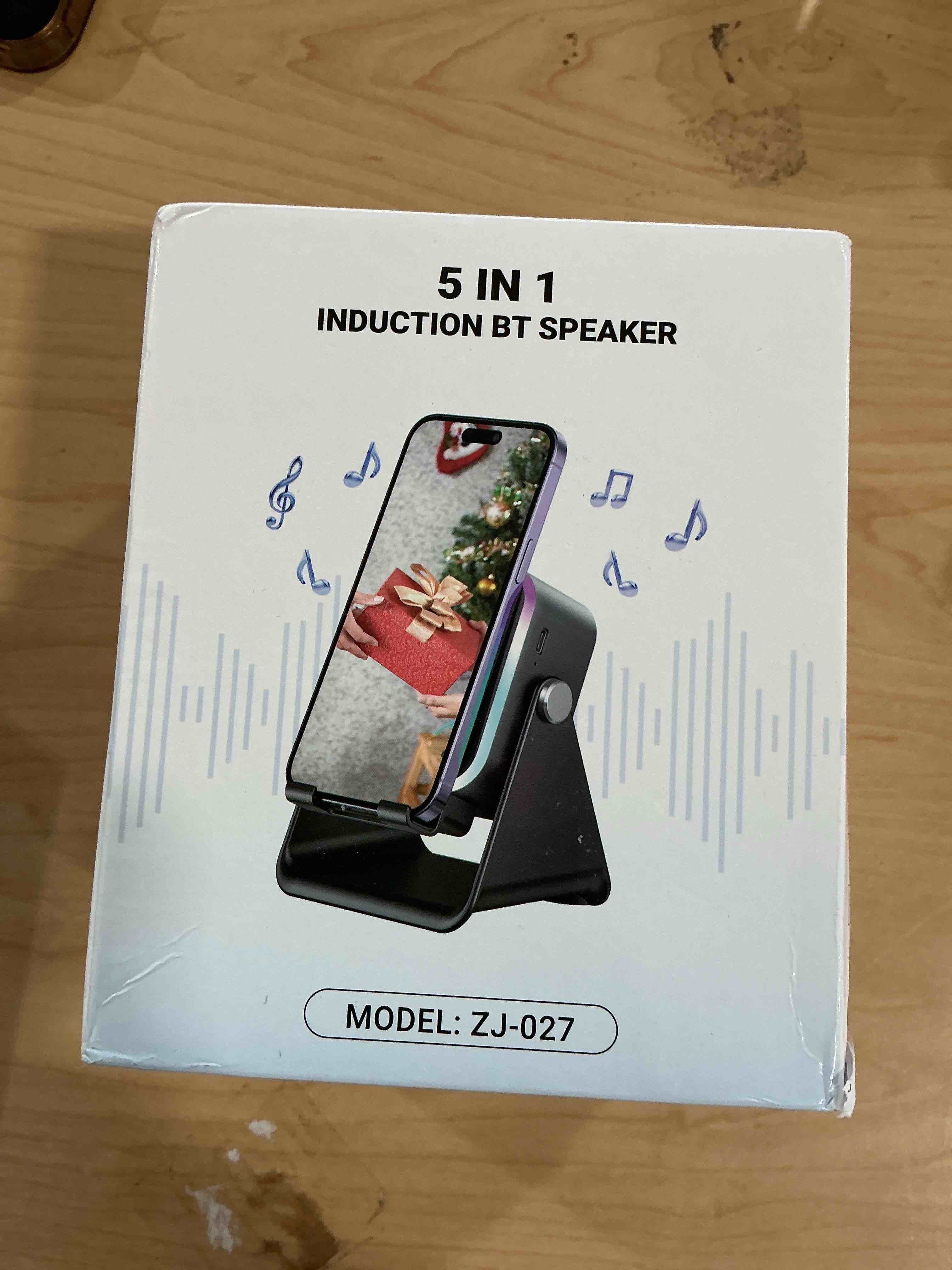 Condition photo showing New/Like New for Wireless Induction Speaker 5-in-1 Bluetooth Speaker with Phone Stand,Stereo Sound, 3500mAh Rechargeable, 8 RGB Ambient Light, 360° Adjustable Holder for iPhone/Android/iPad,Gifts for Men Women (Black)