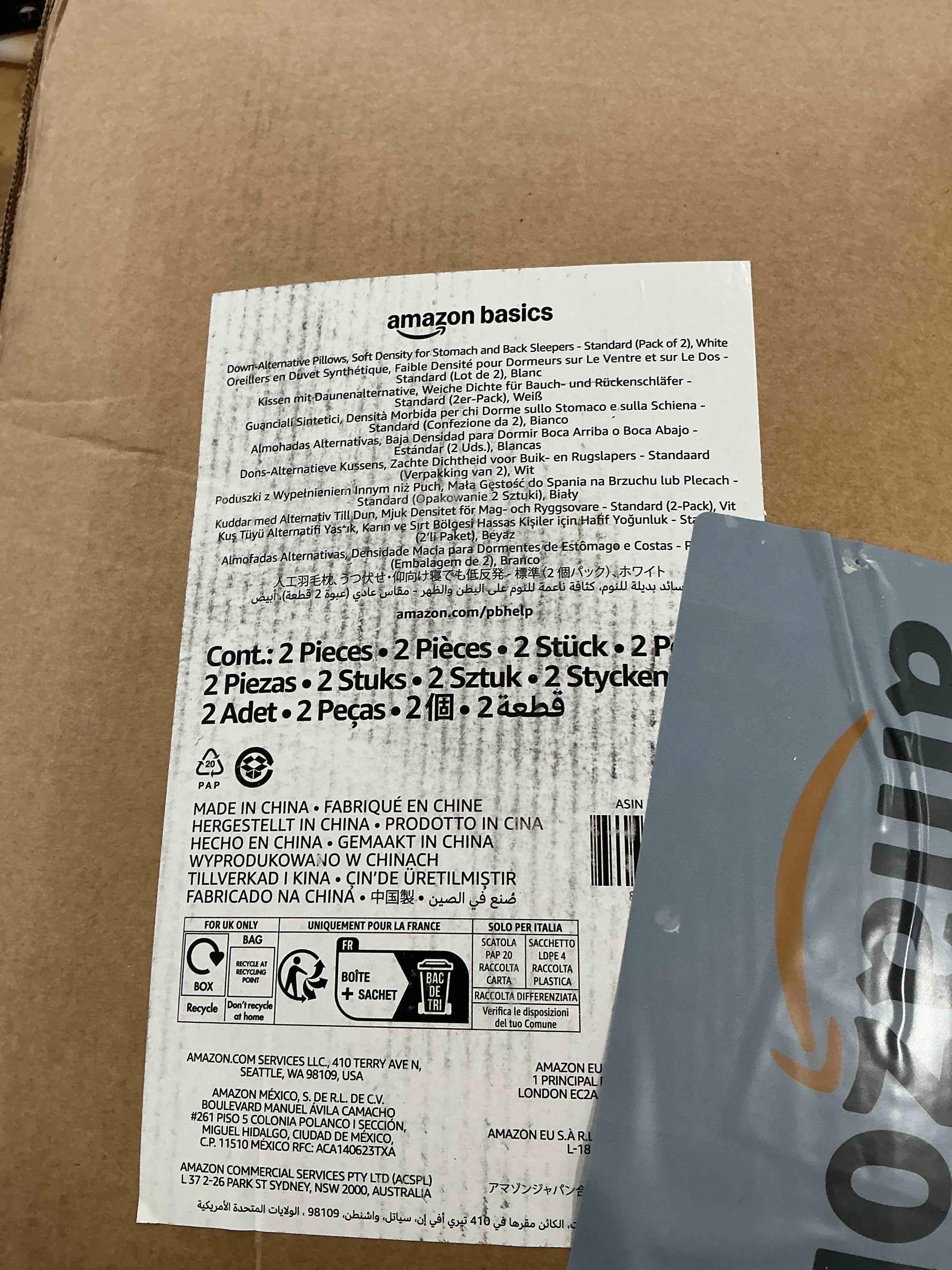 Condition photo showing New/Like New for Amazon Basics Down Alternative Pillows for Stomach and Back Sleepers, Soft Density, Standard, Pack of 2, White, 26 in L x 20 in W Standard (Pack of 2) Soft Pillow