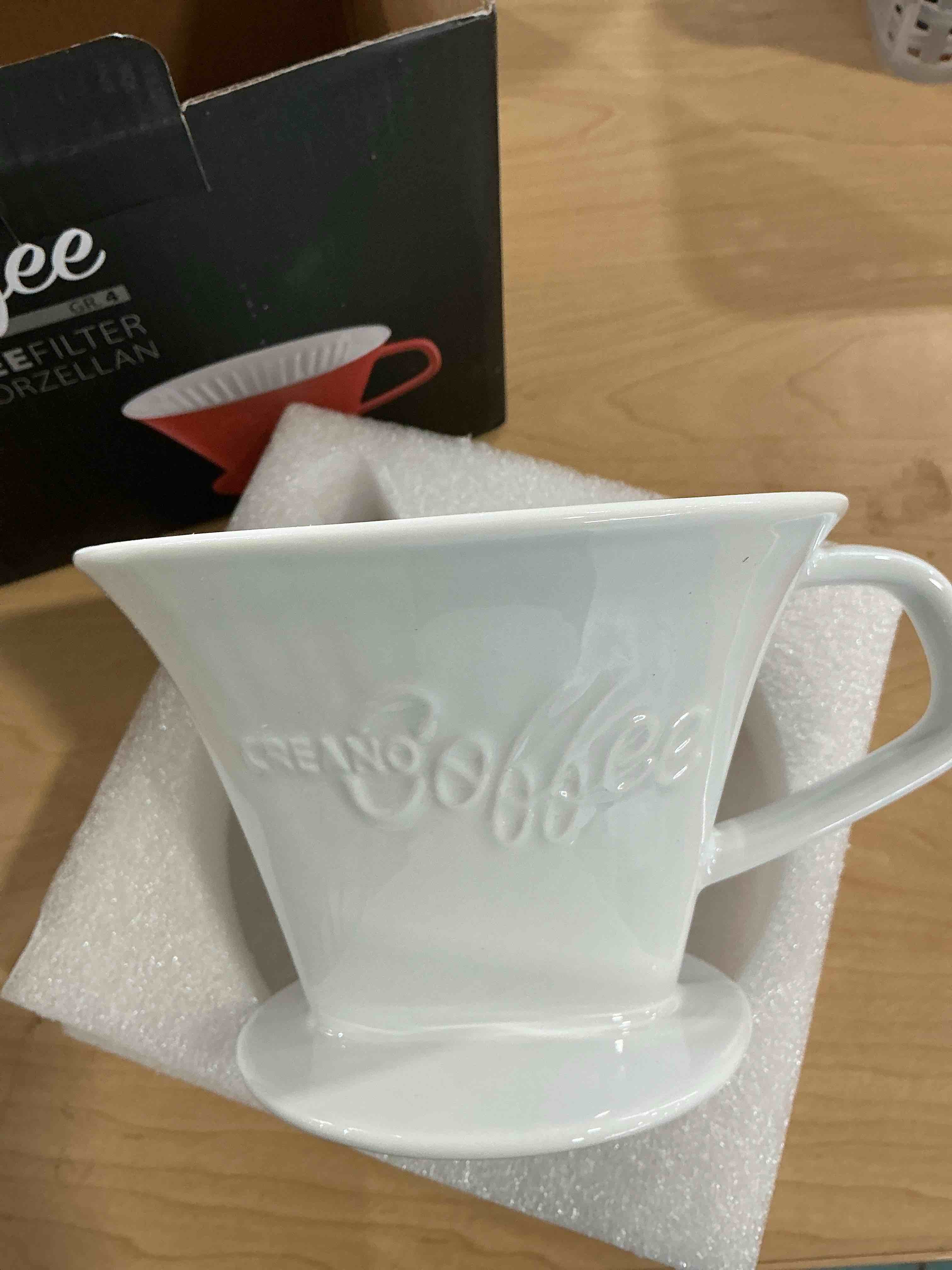 Condition photo showing New/Like New for Creano Porcelain Coffee Dripper - White - Ceramic Cone Brewer - Pour Over Coffee Maker for Filter Bags Size 4 - Easy Manual Brew for pure taste - also for Camping, Hiking White Standard