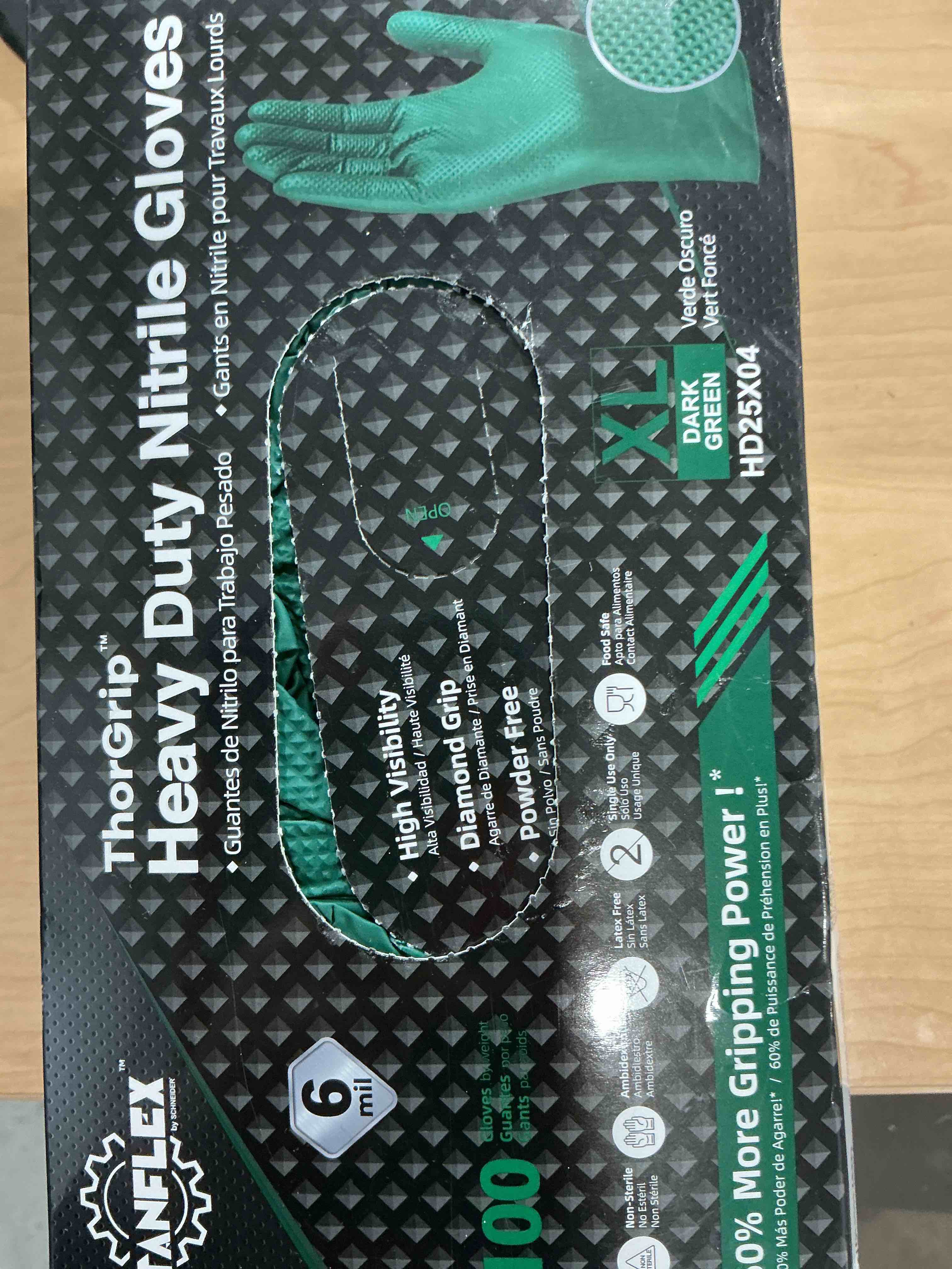 Condition photo showing Good Condition for TitanFlex Heavy Duty Industrial Nitrile Gloves with Raised Diamond Texture, 6-mil, Latex Free (Dark Green/Yellow) 02 Dark Green (100ct) X-Large