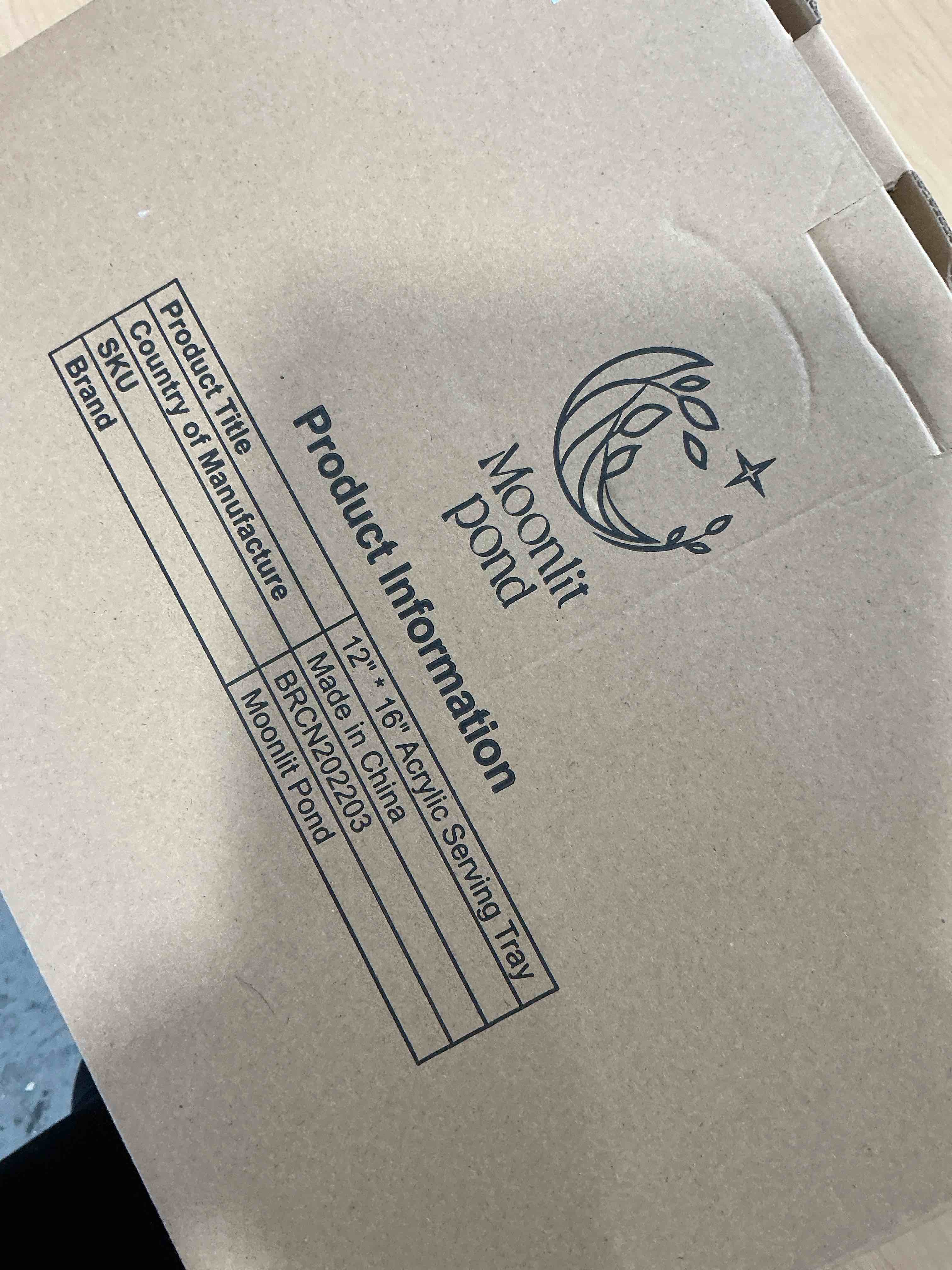 Condition photo showing New/Like New for 12"x16" Clear Acrylic Serving Tray with Golden Handles, Sturdy Huge Capacity Acrylic Tray for Coffee, Juice, Kitchen and Desk Organizer, Storage Tray (12"x16") 16" x 12" x 2"