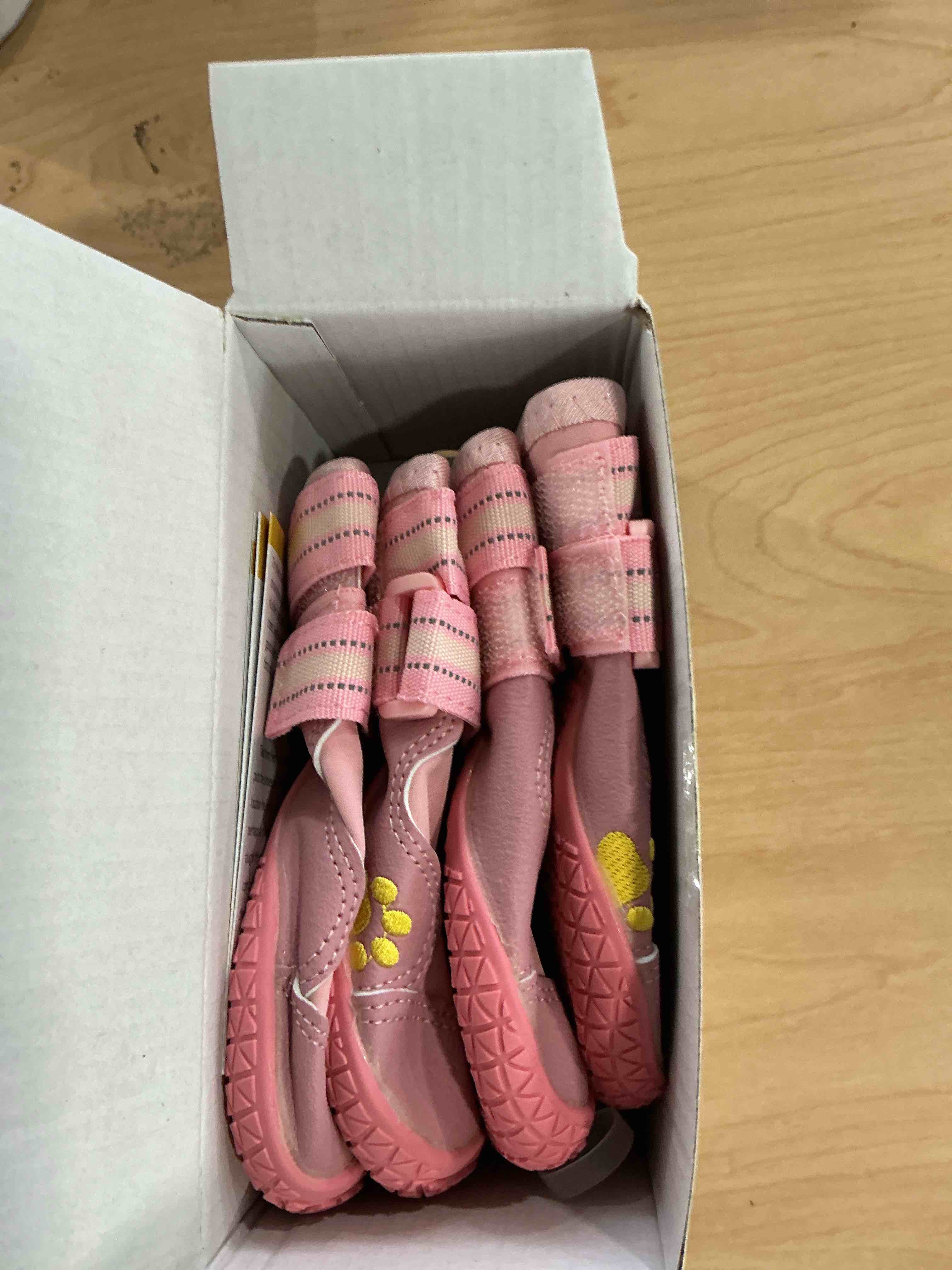Condition photo showing New/Like New for QUMY Dog Shoes for Large Dogs, Medium Dog Boots & Paw Protectors for Winter Snowy Day, Summer Hot Pavement, Water-Resistant in Rainy Weather, Outdoor Walking, Indoor Hardfloors Skid-Resistant Sole Pink Size 6: 2.6''x3.0''(W*L) (Pack of 4)