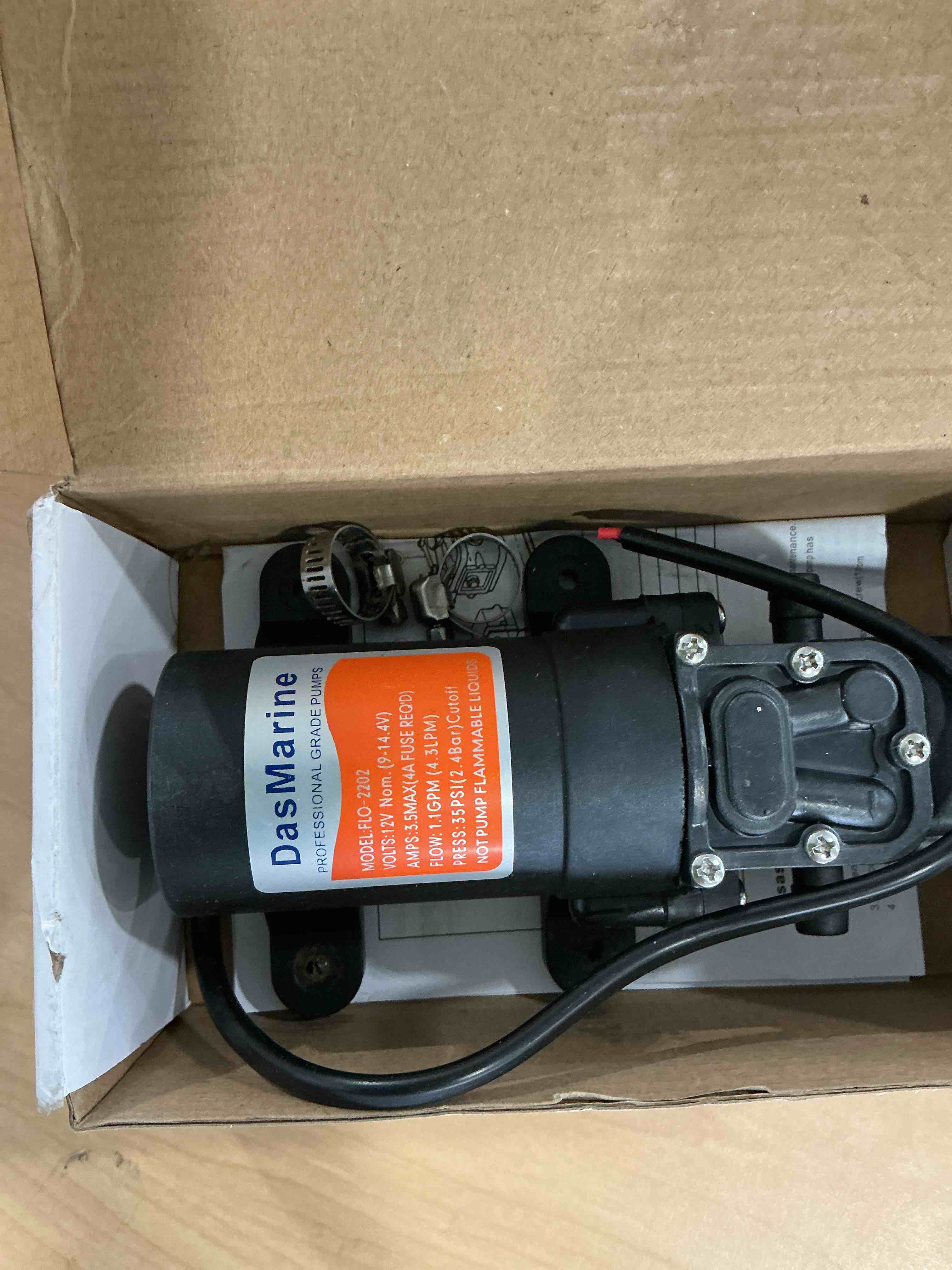 Condition photo showing Good Condition for DasMarine Diaphragm Water Pressure Pump with 2 Hose Clamps 12V 1.1 GPM 35 PSI Water Pressure Pump for Caravan/RV/Boat/Marine