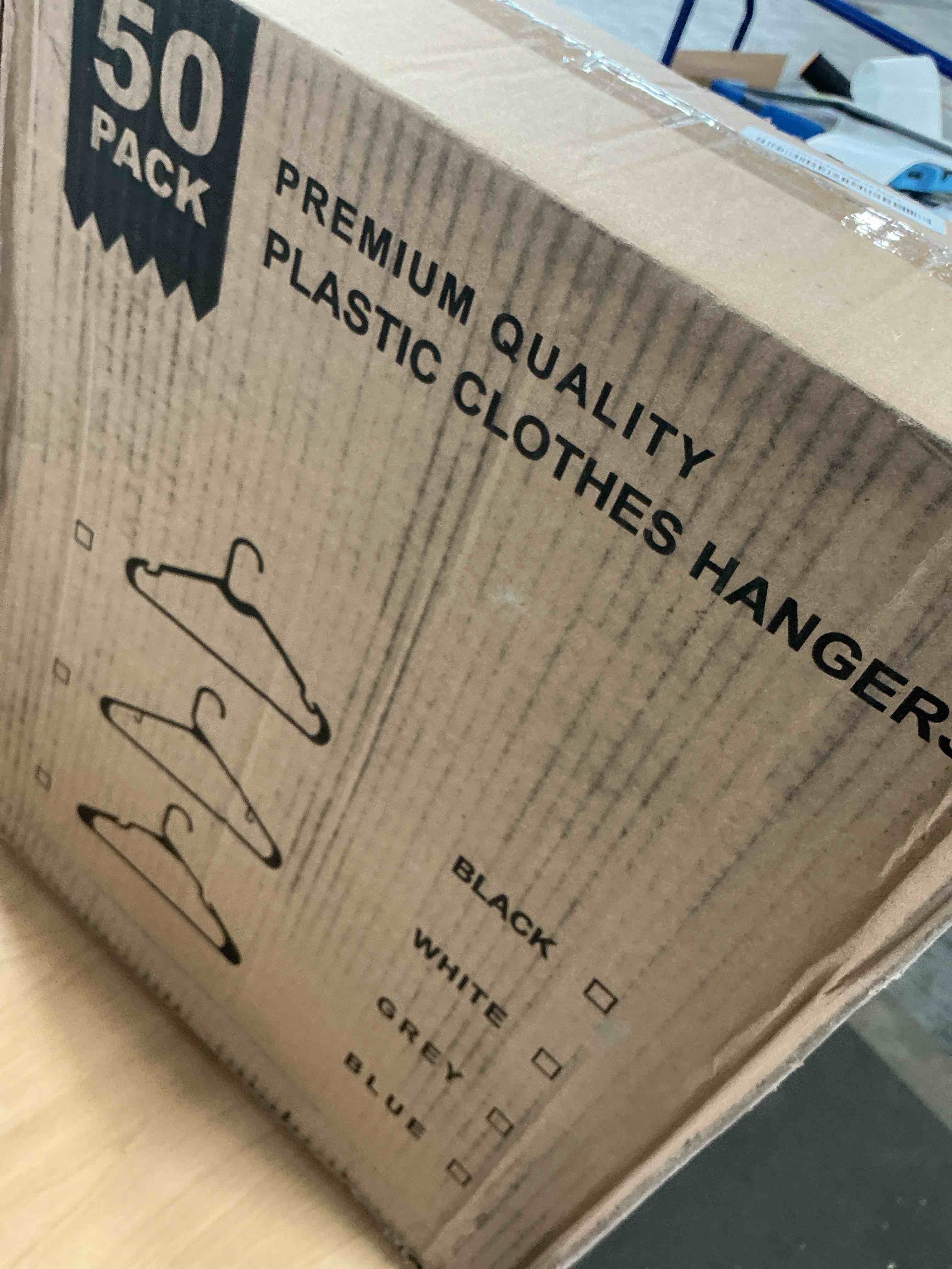 Condition photo showing Good Condition for HOUSE DAY White Plastic Hangers 50 Pack, Plastic Clothes Hangers with Built-in Hooks, Durable and Strong Plastic Coat Hangers for Closet, Space Saving Clothing Hanger for Shirts, Coats, Skirt, Dress 50 Pack White