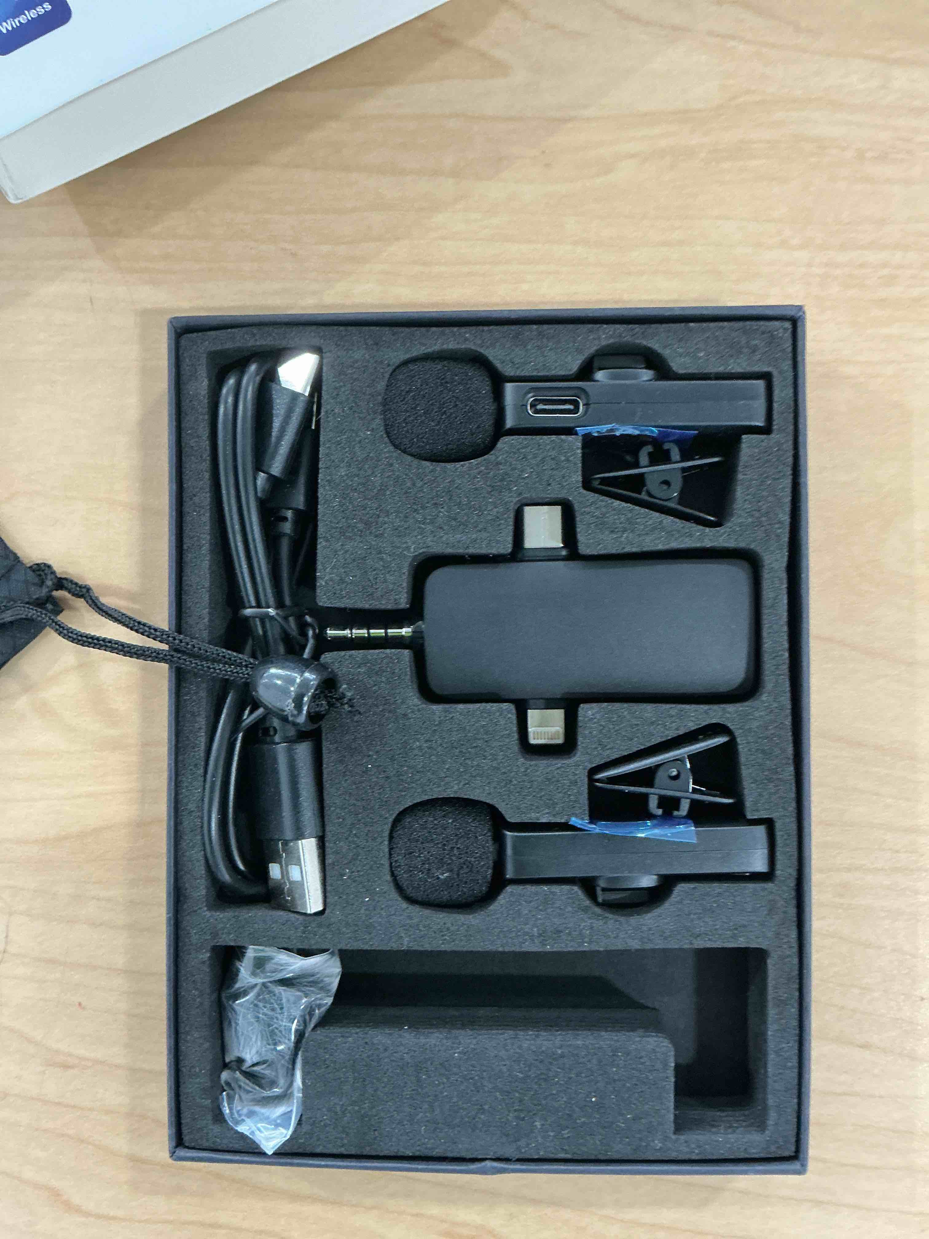 Condition photo showing New/Like New for PQRQP 3 in 1 Professional Wireless Lavalier Microphone for iPhone, Android, Camera, Wireless Microphones, Mini Microphone, Crystal Clear Sound Quality for Recording, Live Streaming, Microphone Clips Elegant Black