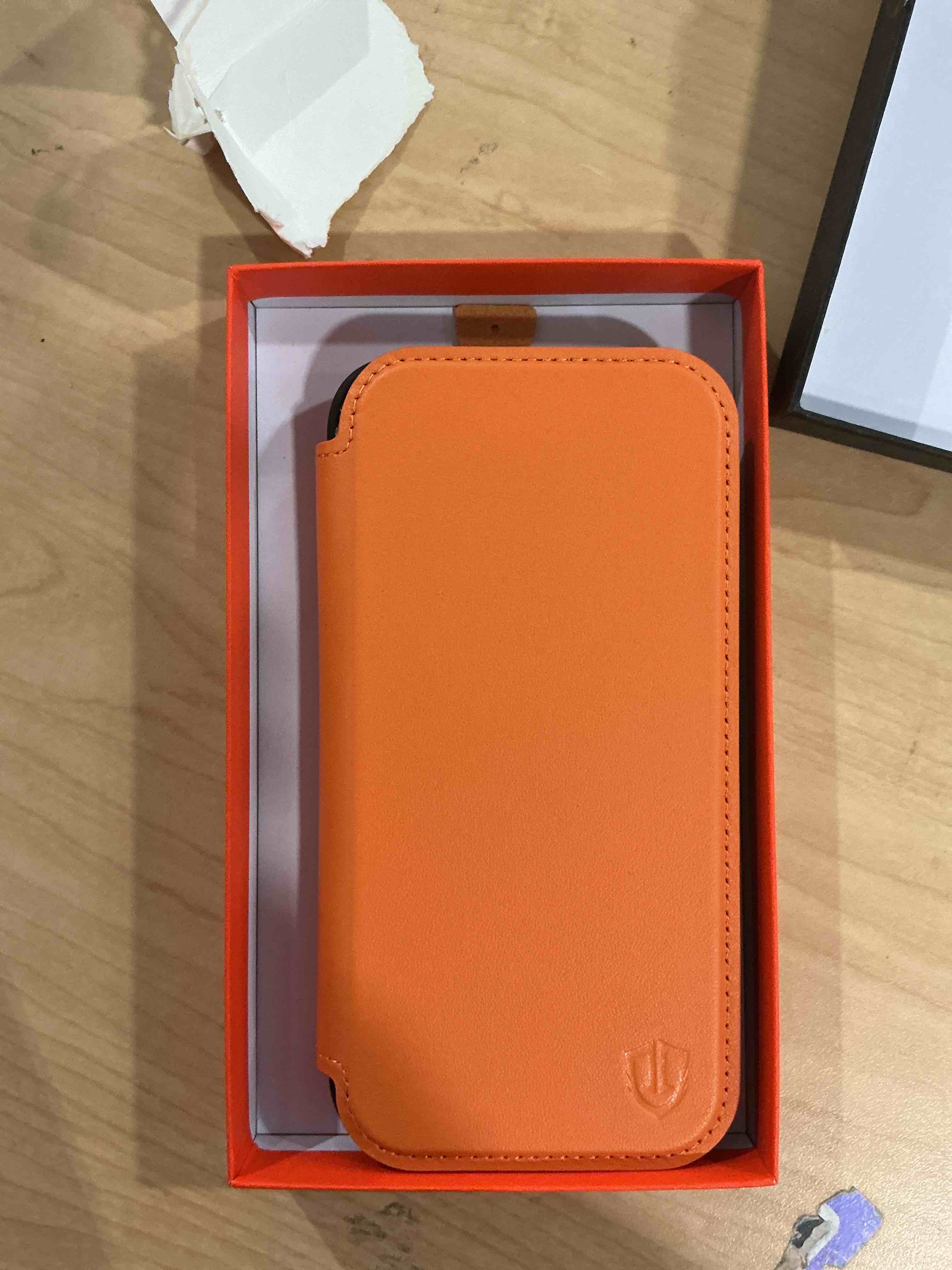 Condition photo showing New/Like New for SHIELDON Slim Wallet Case for iPhone 17 Pro 6.3" 2025 | Genuine Leather, Wireless Charging, Folio Magnetic Closure, RFID Blocking Credit Card Holder, Shockproof Phone Cover - Orange for iPhone 17 Pro Orange