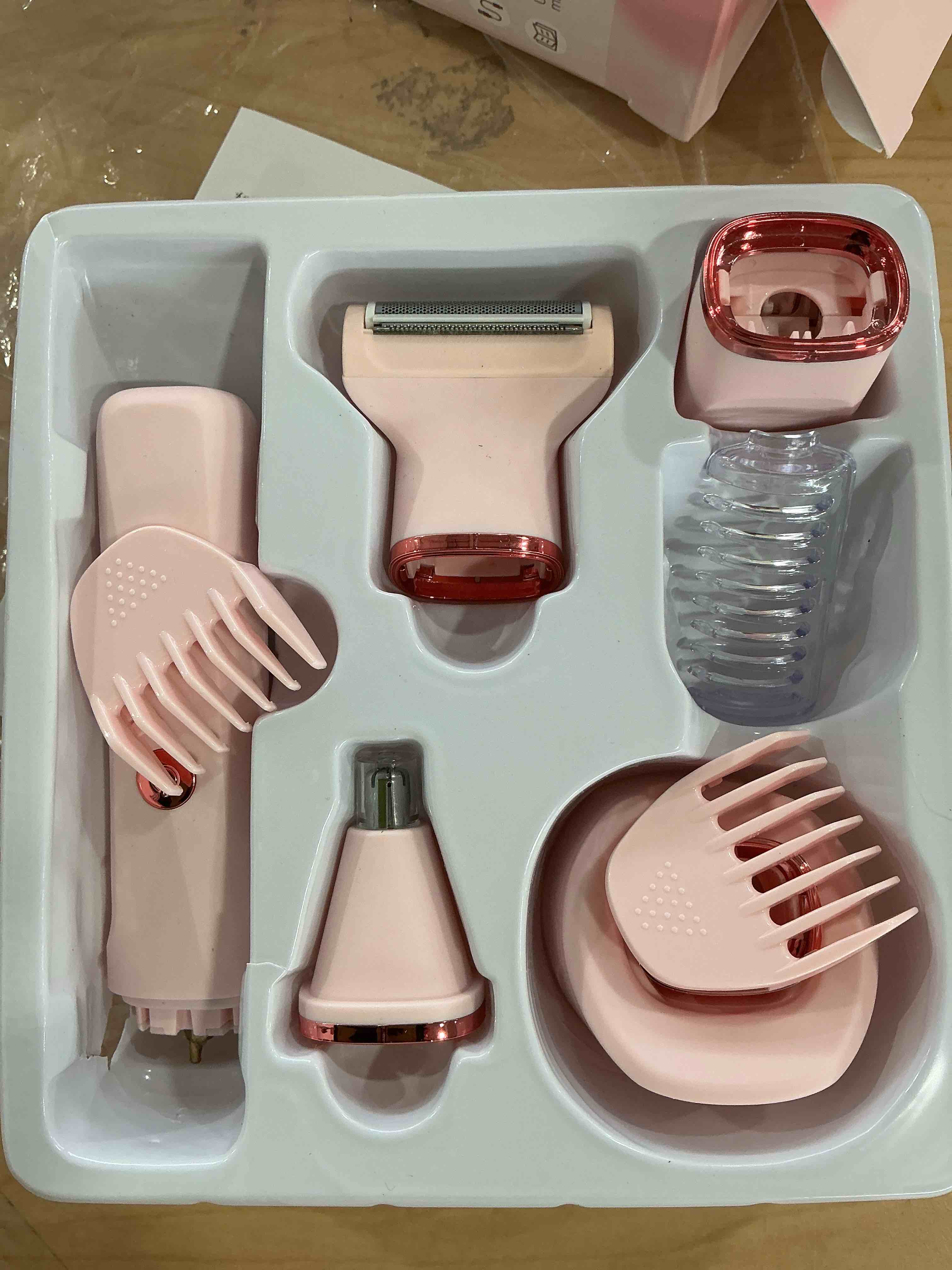 Condition photo showing As Is for Bikini Trimmer for Women - 4 in 1 Electric Razors for Women, Waterproof Body Pubic Hair Electric Shaver for Womens, Replaceable Facial & Nose Hair Razor, Rechargeable Grooming Kit, Pink